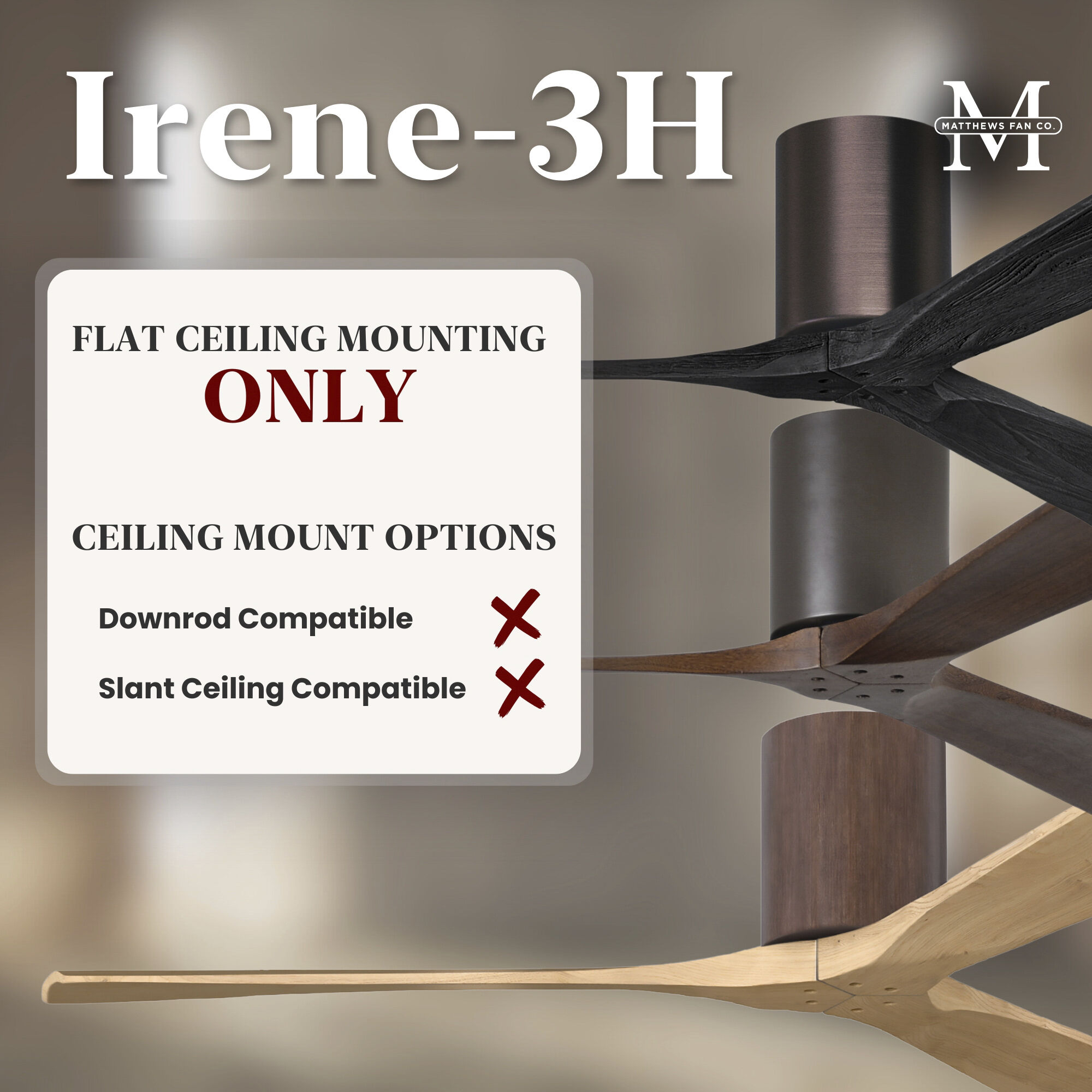 Atlas Irene-3H 52 inch Walnut Tone Flush Mount Paddle Fan, Flush Mounted