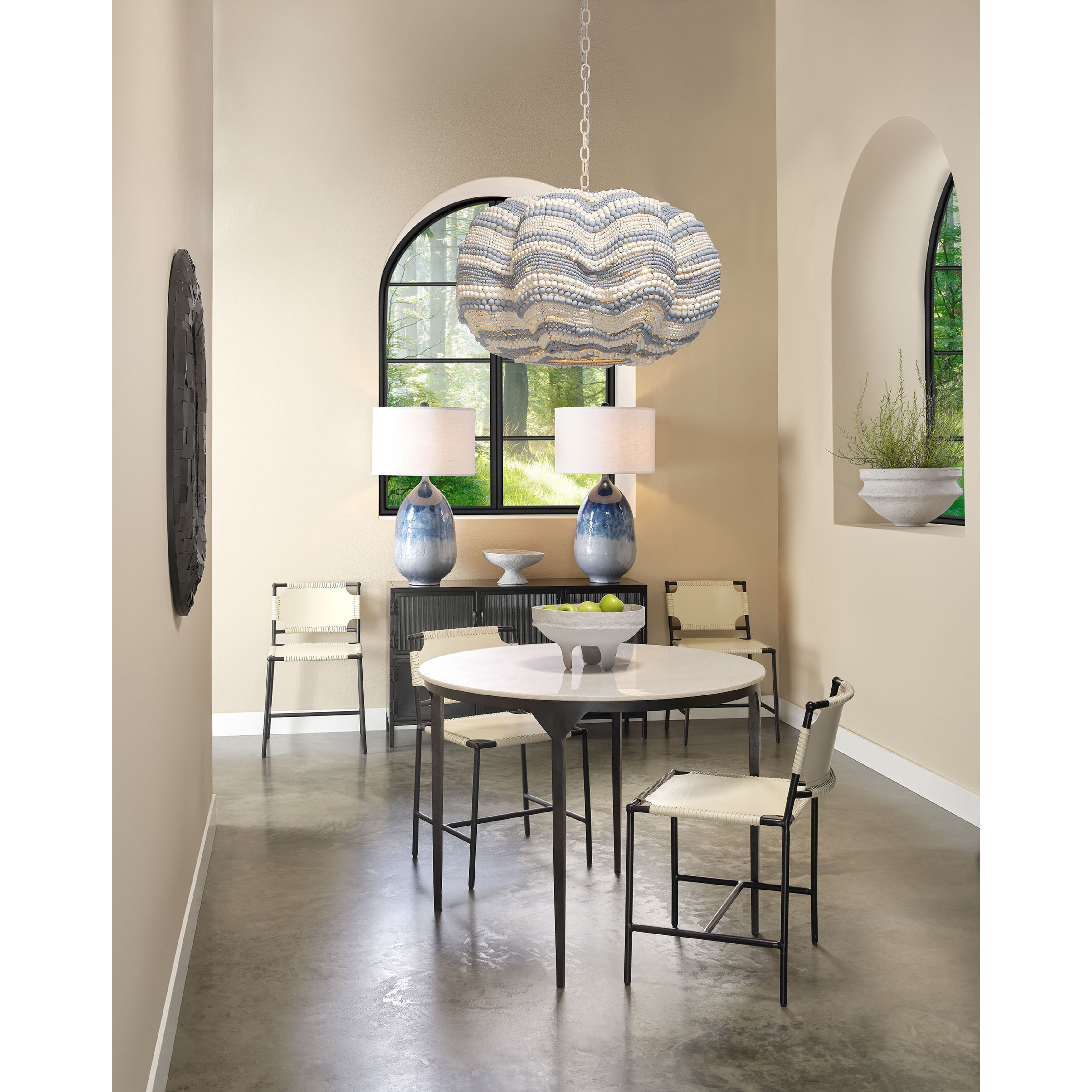 Clamshell 4 Light 37 inch White and Blue Wood Beads Chandelier Ceiling Light