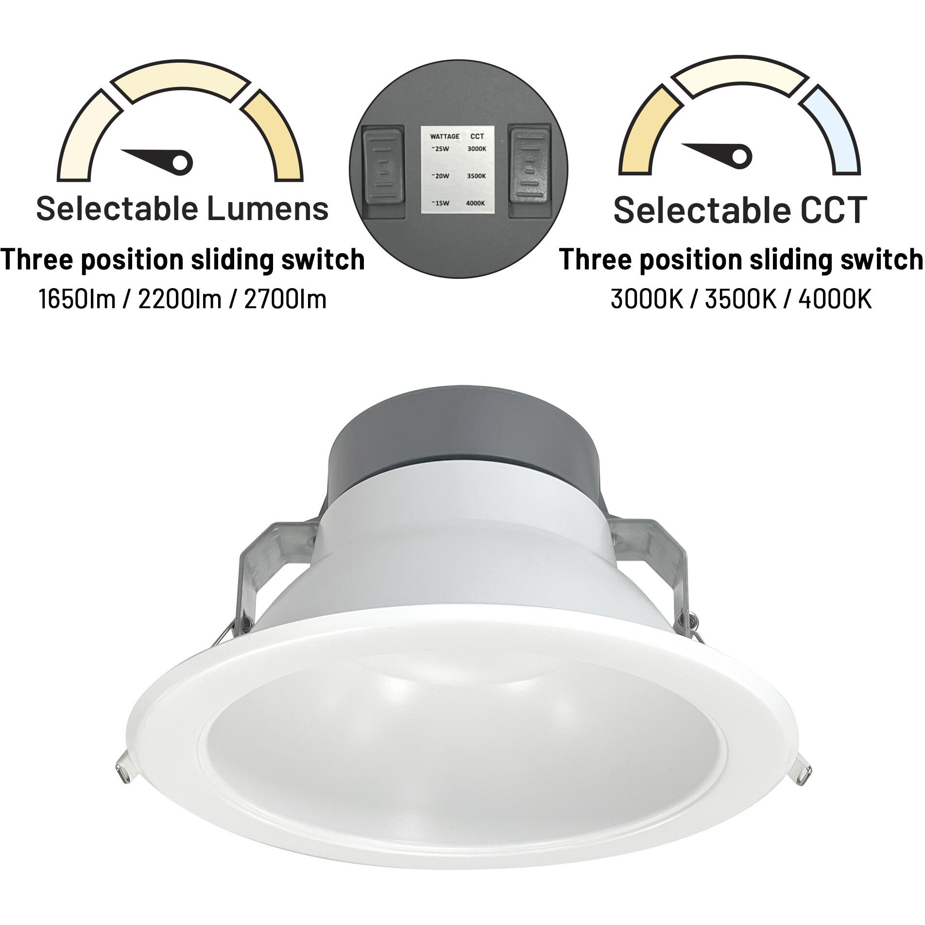 Quartz Matte Powder White Recessed LED Downlight, Selectable Lumens, Selectable CCT