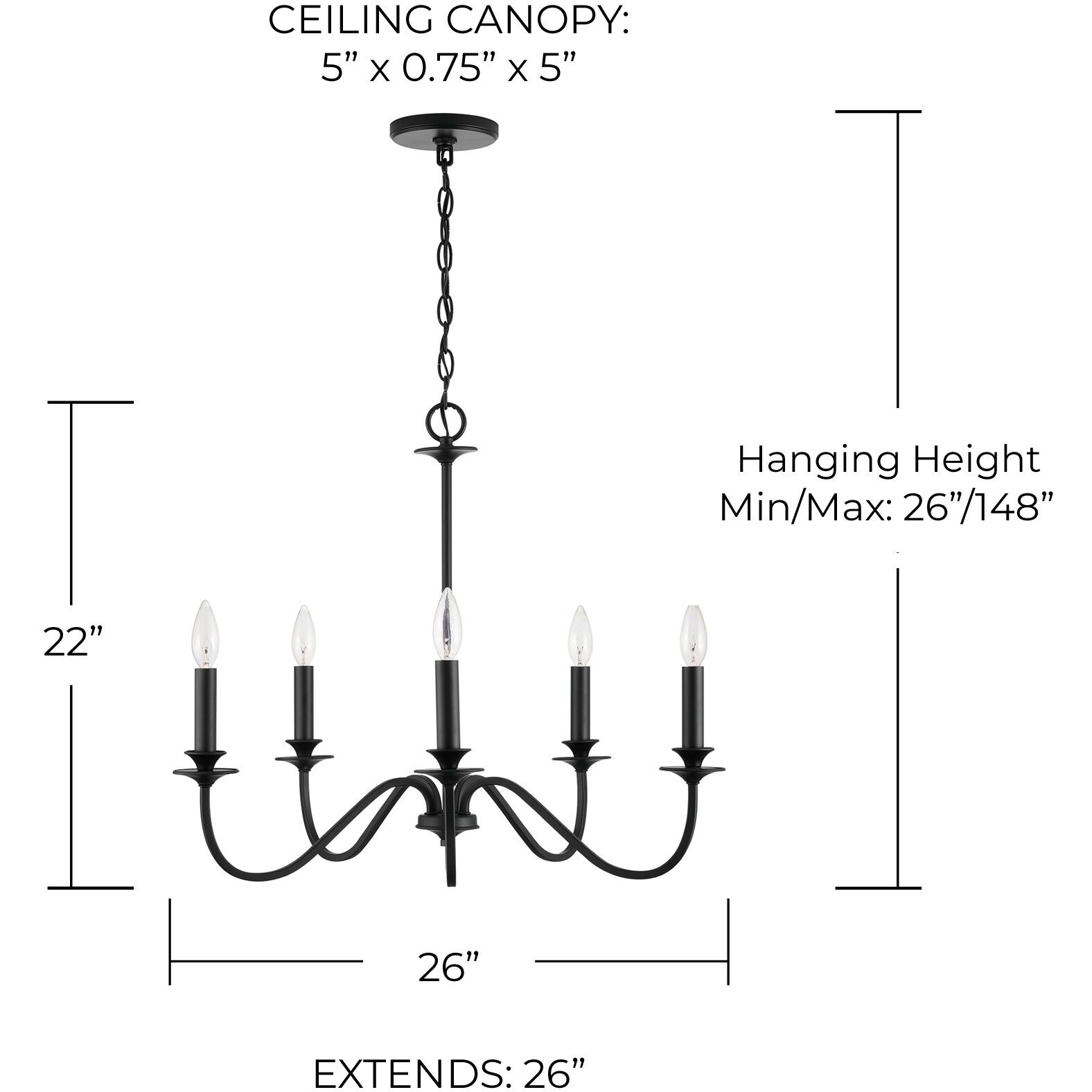 Elijah 5 Light 26 inch Matte Black Chandelier Ceiling Light