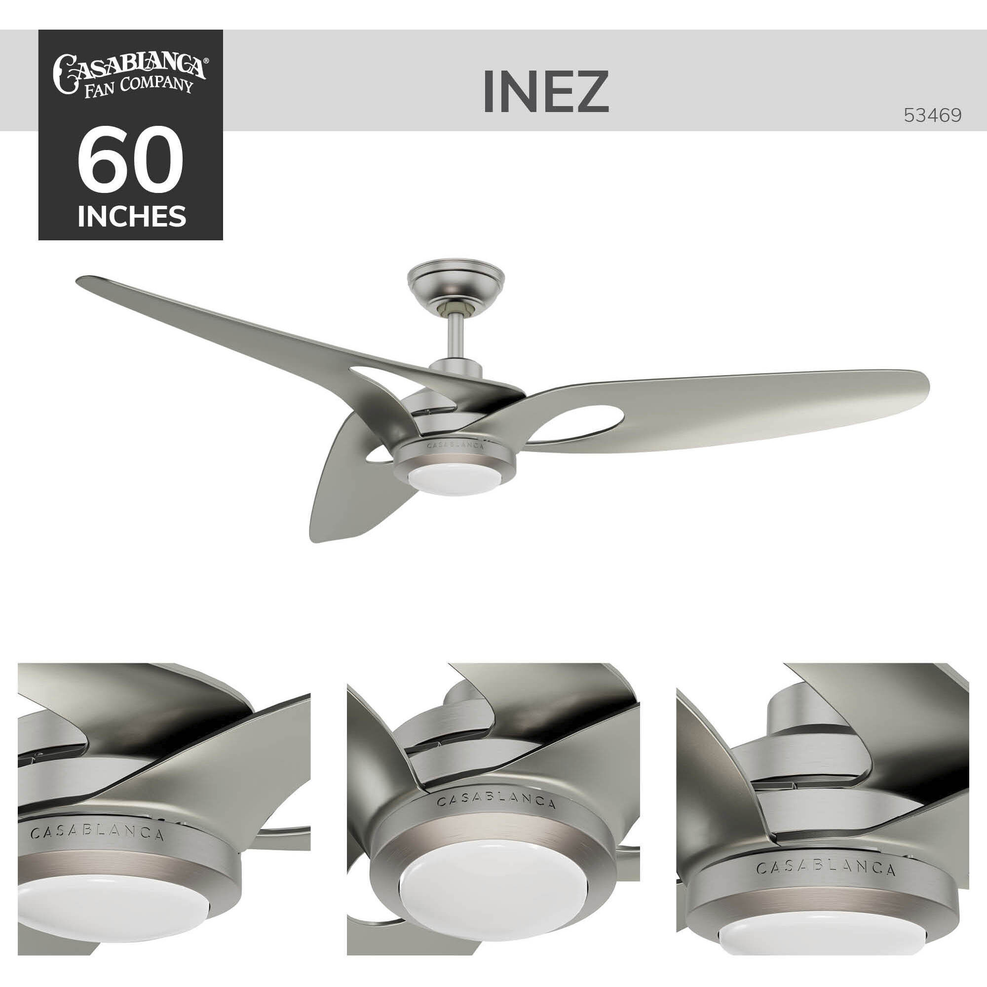 Inez 60 inch Brushed Nickel with Matte Nickel Blades Outdoor Ceiling Fan