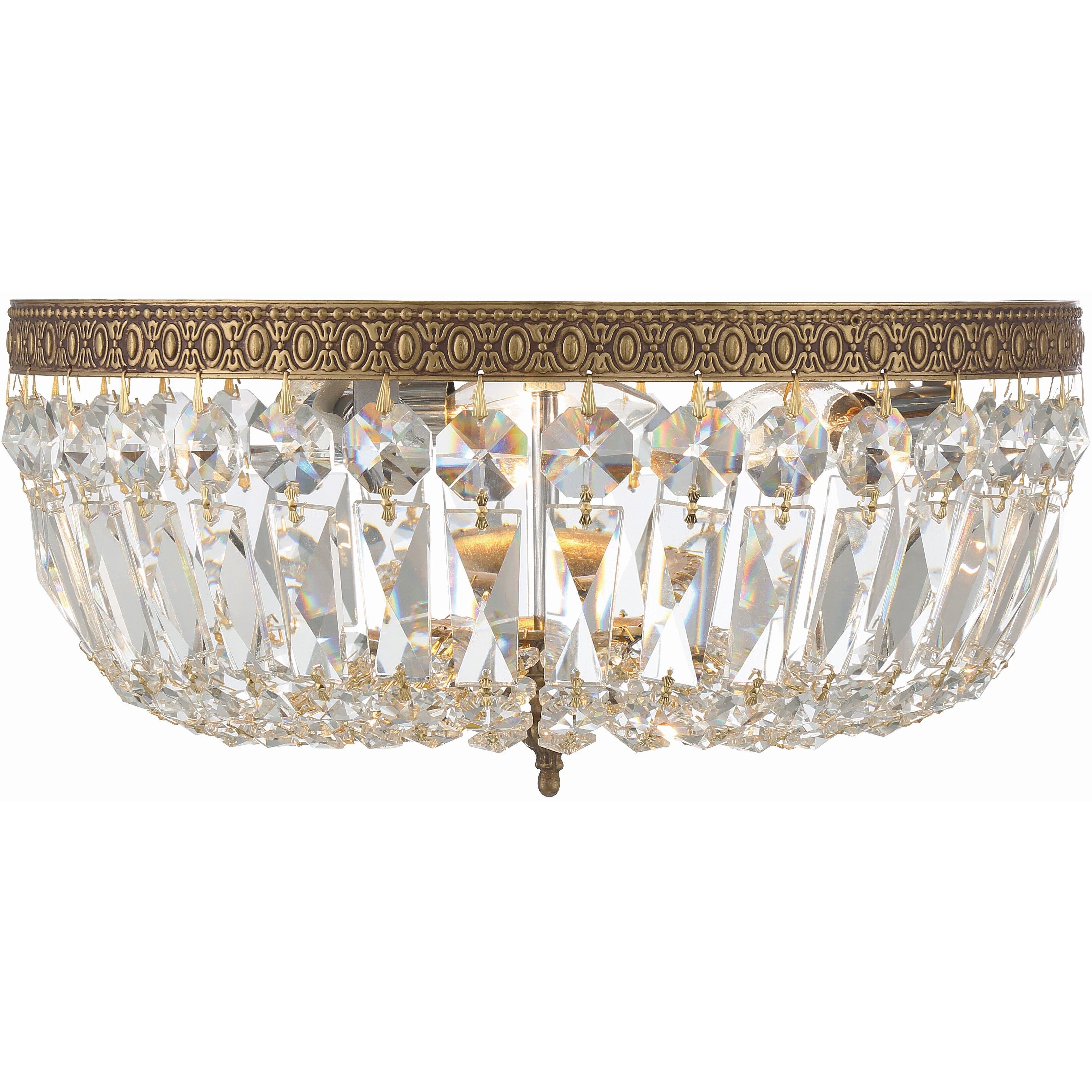 Waltham 3 Light 14 inch Olde Brass Flush Ceiling Light in Clear Hand Cut
