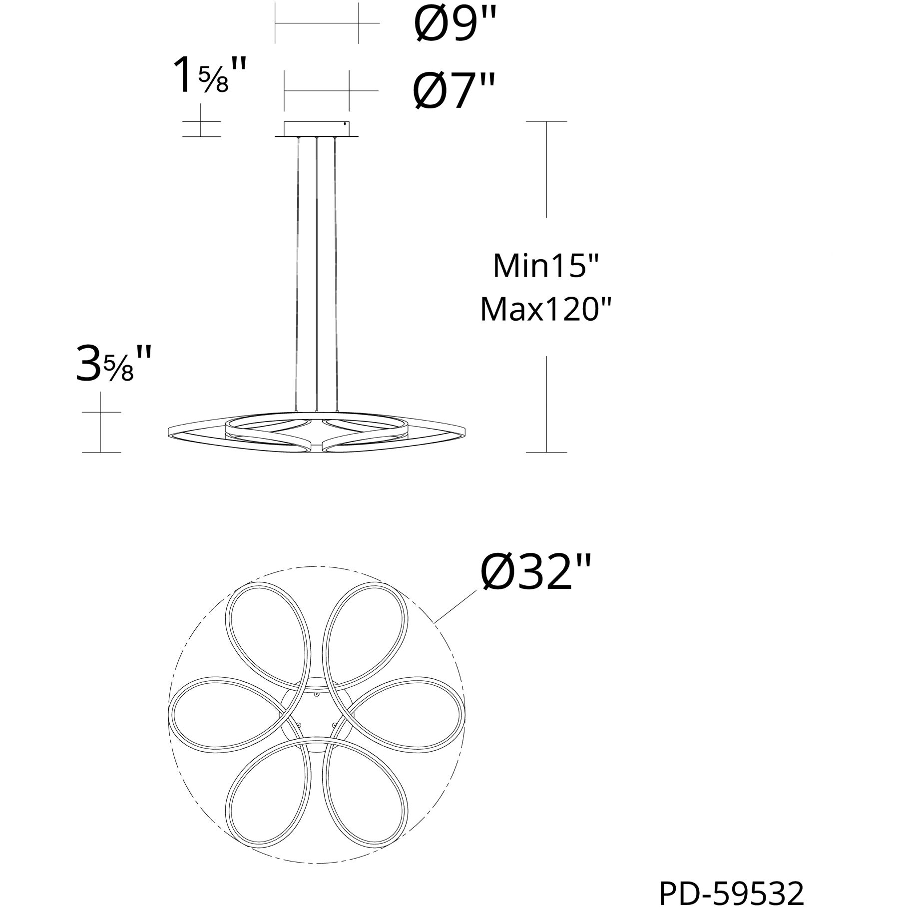 Klover LED 32 inch Black Pendant Ceiling Light in 2700K, dweLED