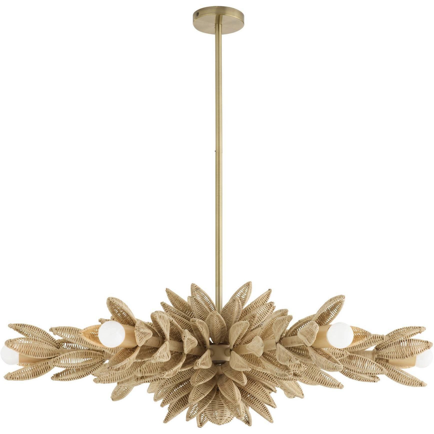 Kasai 6 Light 36.5 inch Natural Rattan and Antique Brass Semi-Flush Mount Ceiling Light