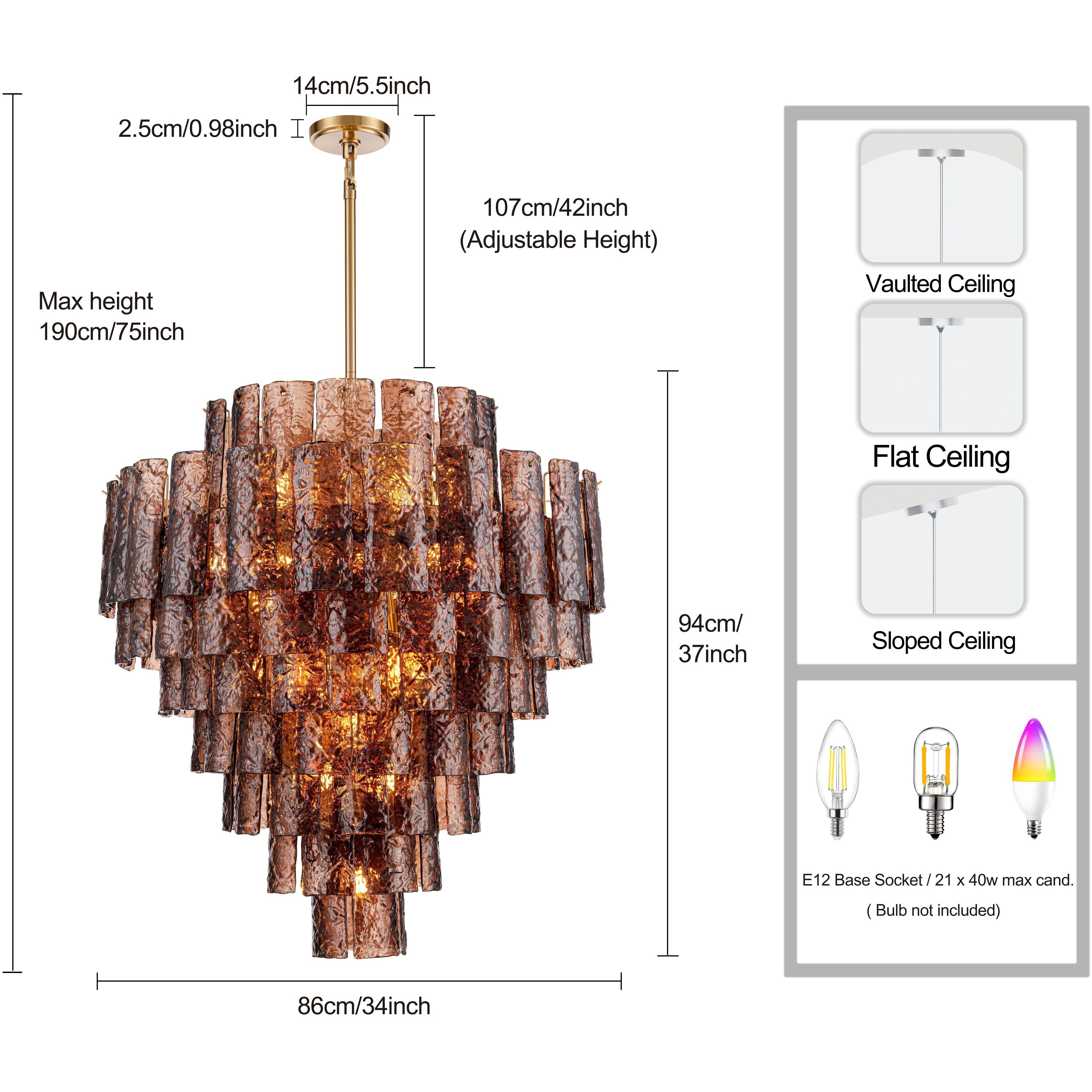 Fire and Ice 21 Light 34 inch Lacquered Gold Chandelier Ceiling Light in Dark Amber Glass
