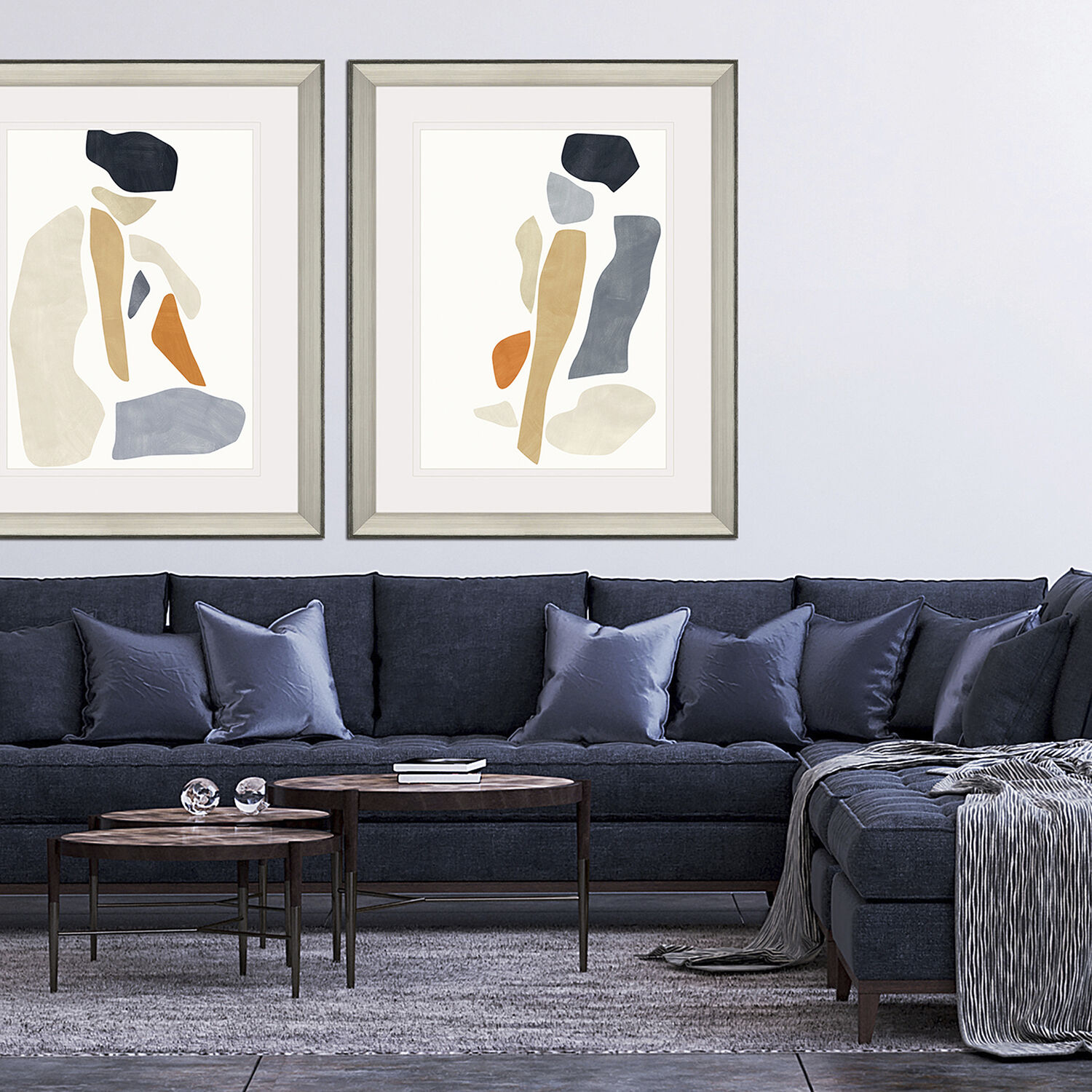 Silhouette Blocks Blue and Beige and Gray and Orange Framed Art