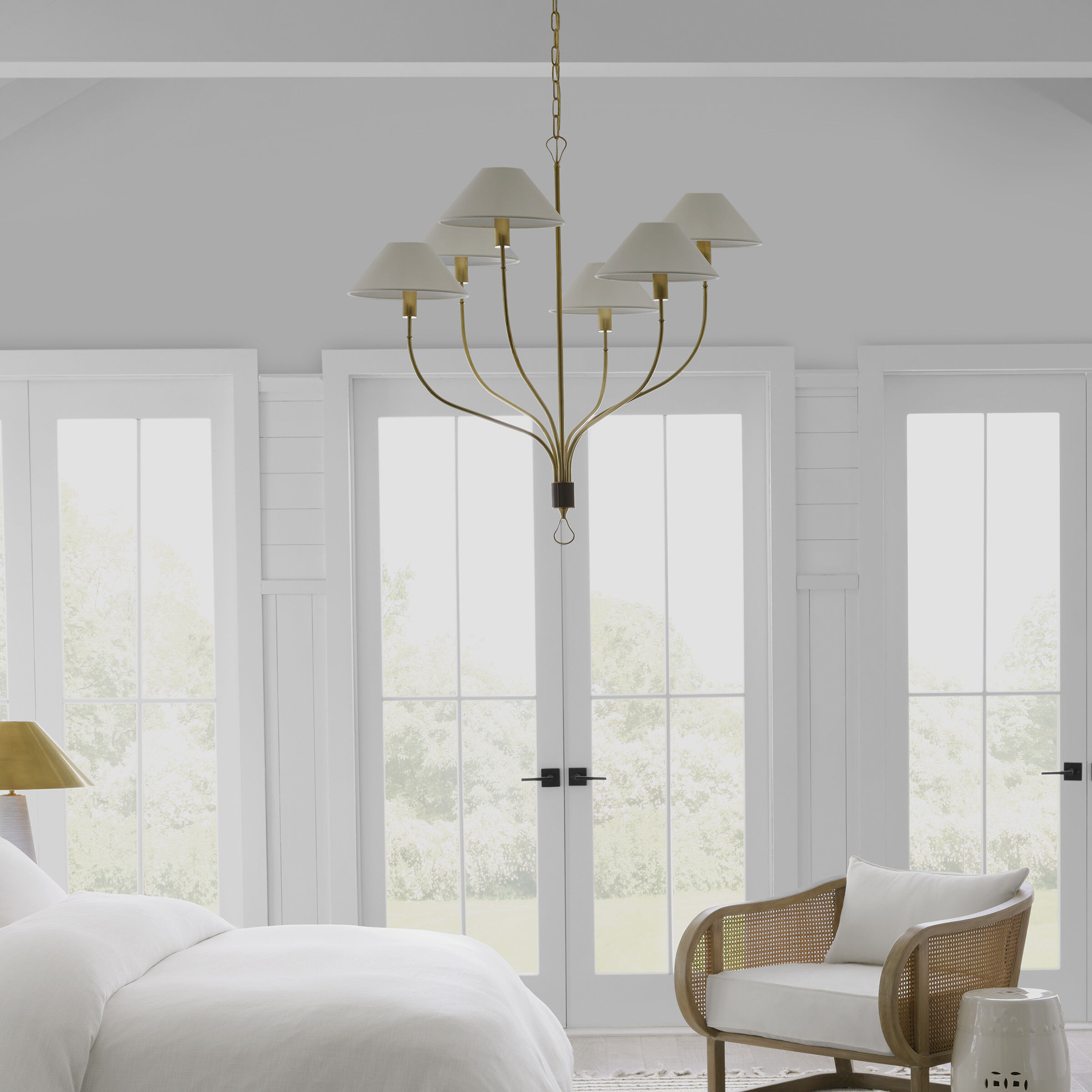 Amber Lewis Griffin LED 36.5 inch Hand-Rubbed Antique Brass and Saddle Leather Staggered Tail Chandelier Ceiling Light, Large