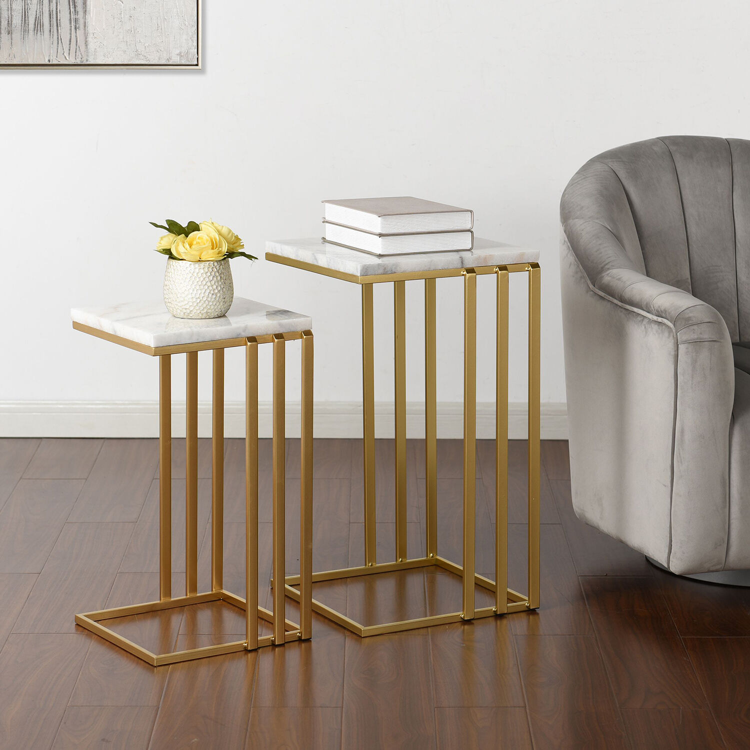 Marble Antique Gold and White End Table