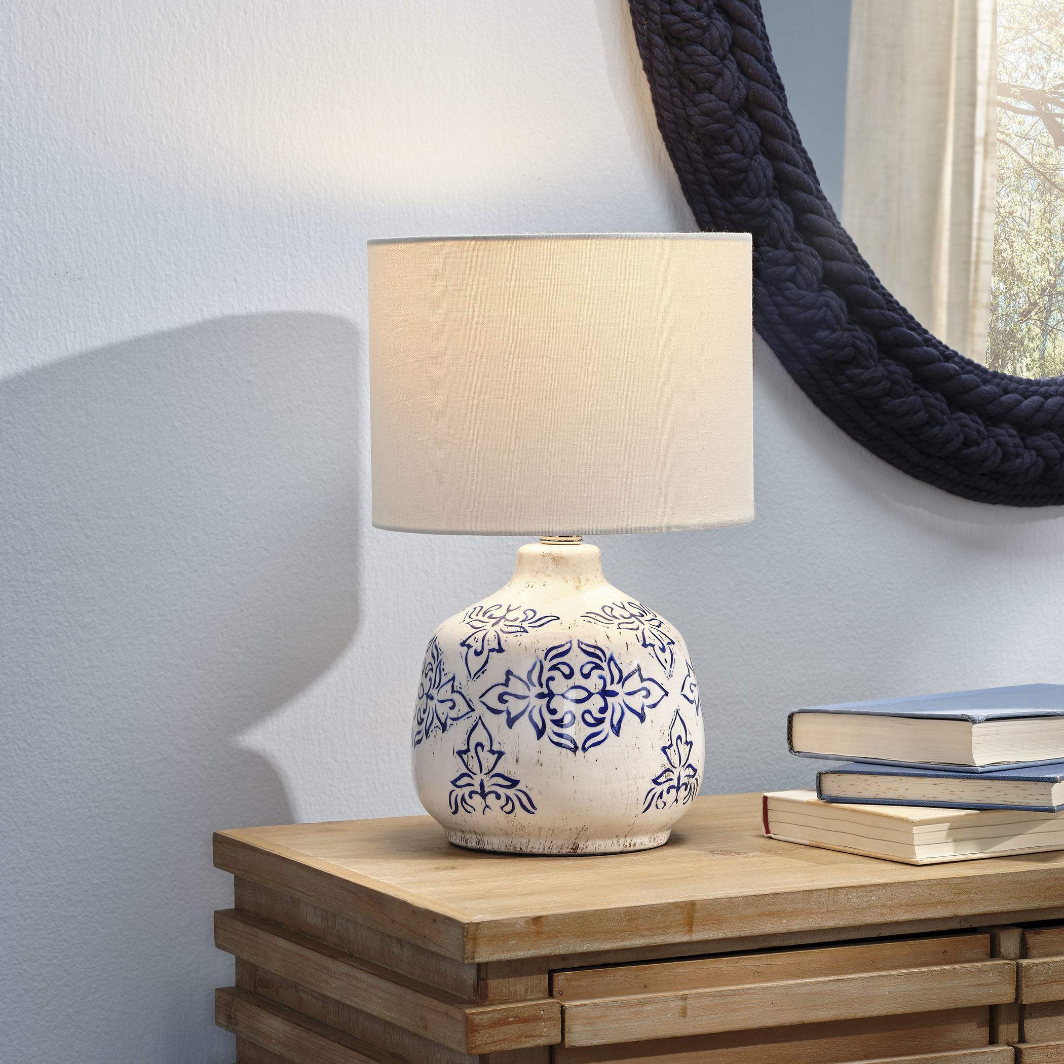 Ruby 15 inch 60 watt White and Blue Patterned Ceramic Table Lamp Portable Light