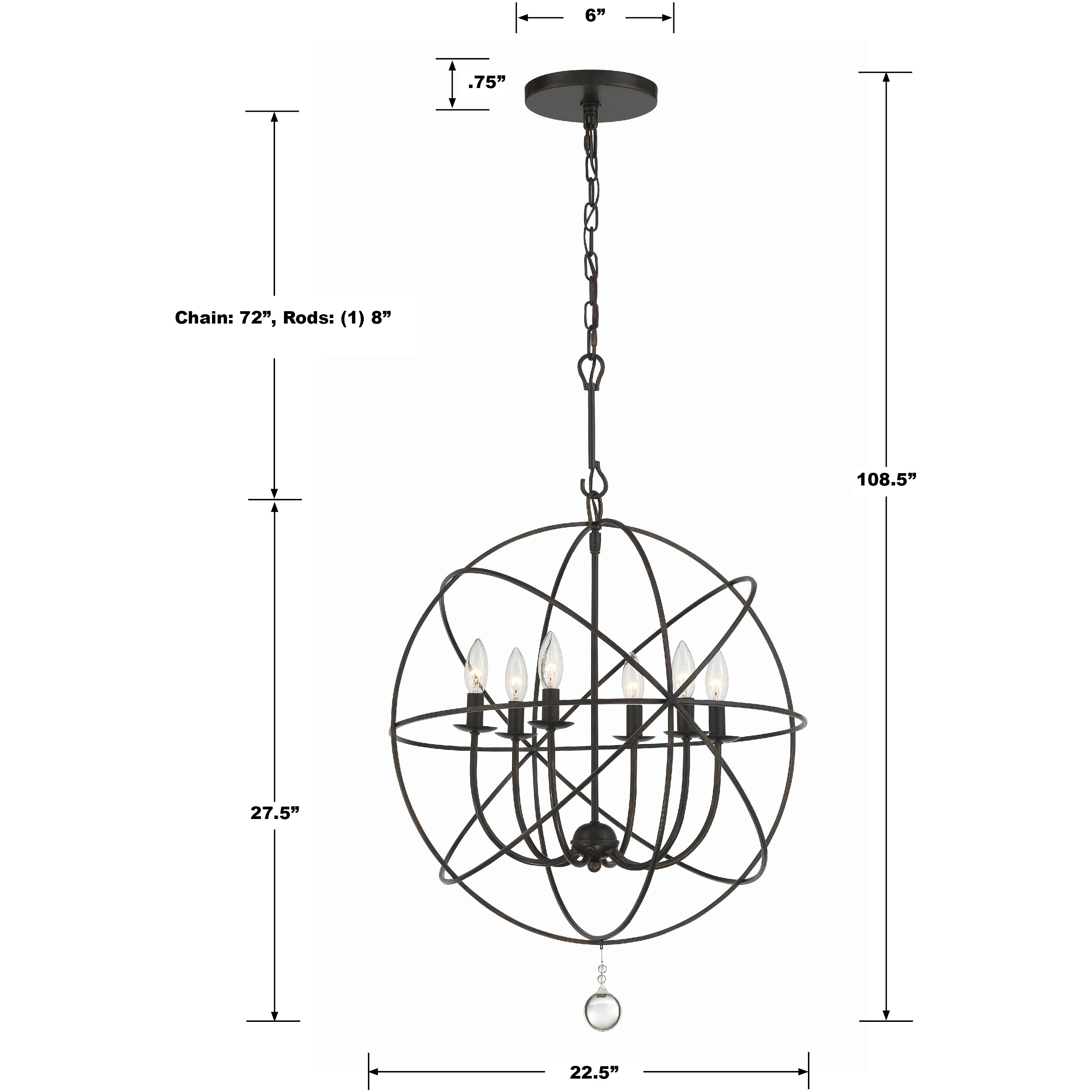 Solaris 6 Light 22.5 inch English Bronze Chandelier Ceiling Light