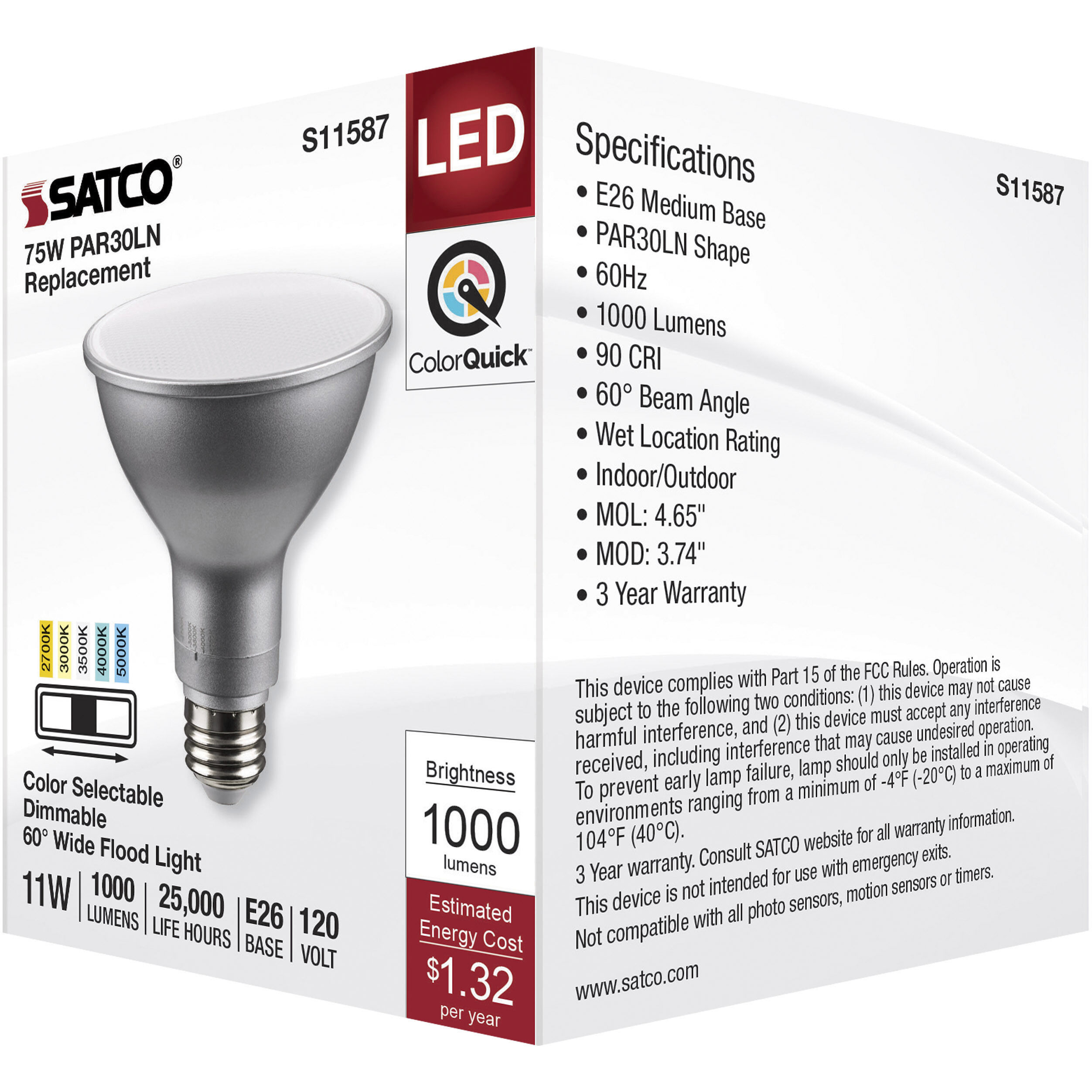 Lumos LED Medium PAR30LN 11 watt 2700K/3000K/3500K/4000K/5000K Light Bulb