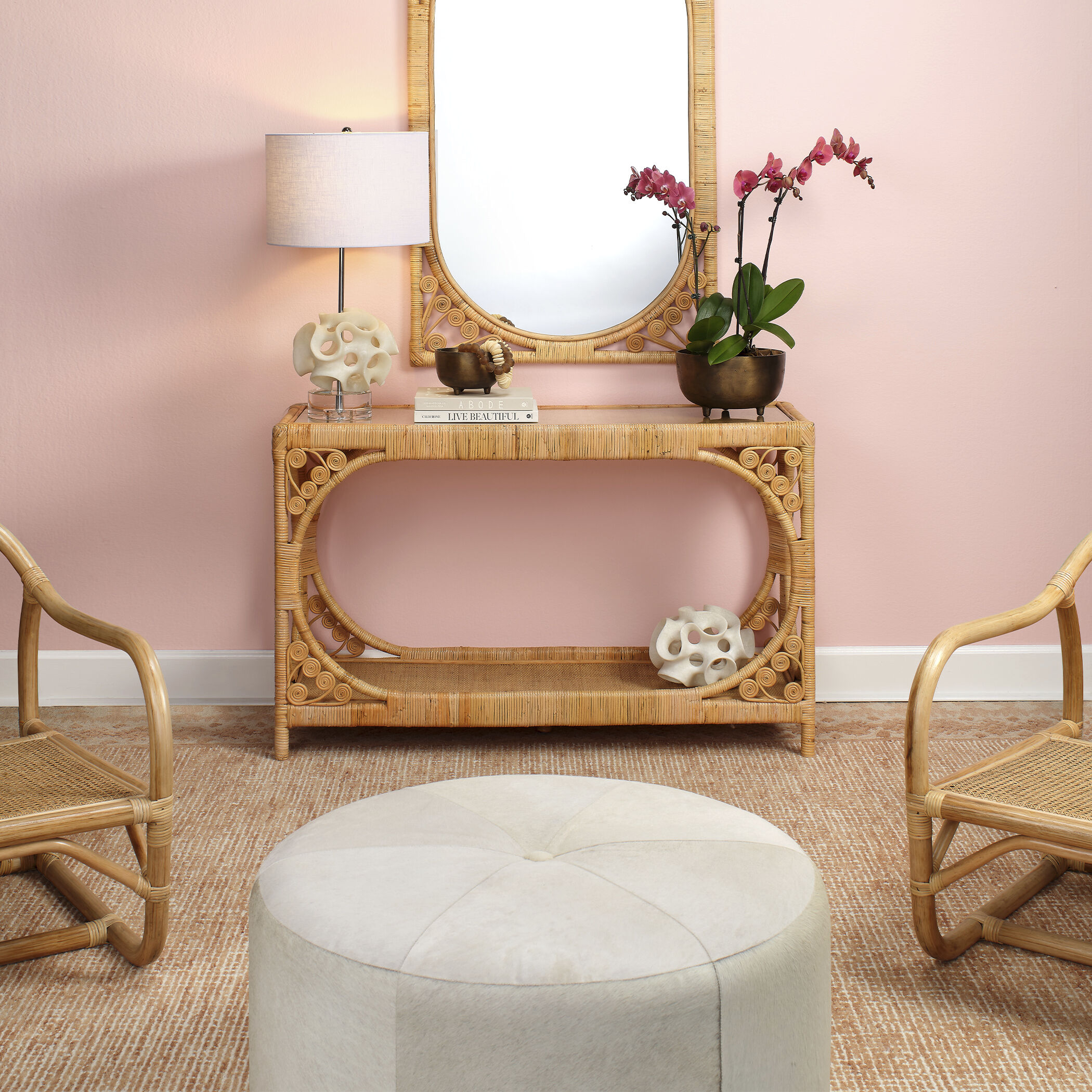 Thackeray 16 inch White Hide & Antique Brass Metal Round Pouf