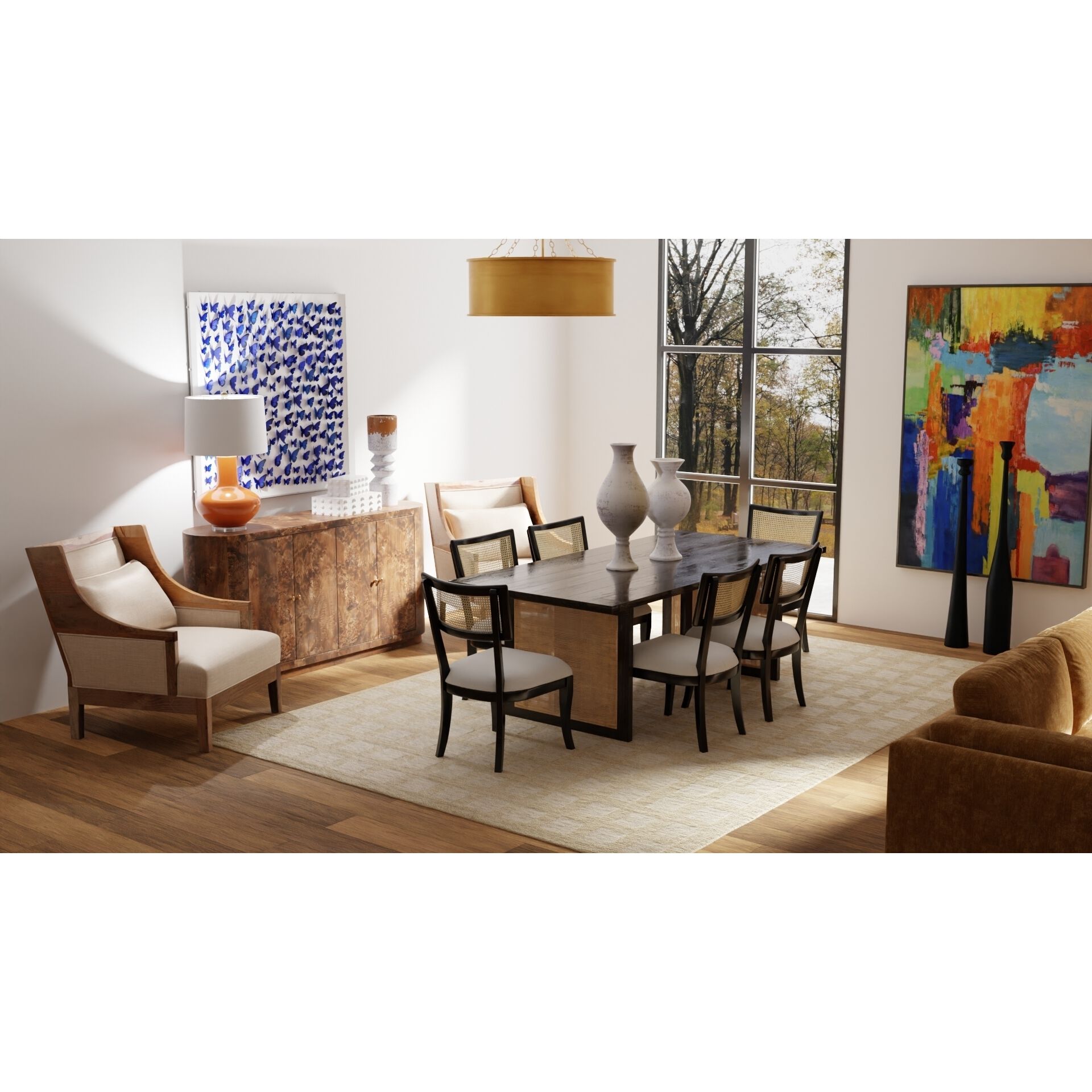 Thiago Natural Rattan and Cream and Black Dining Chair