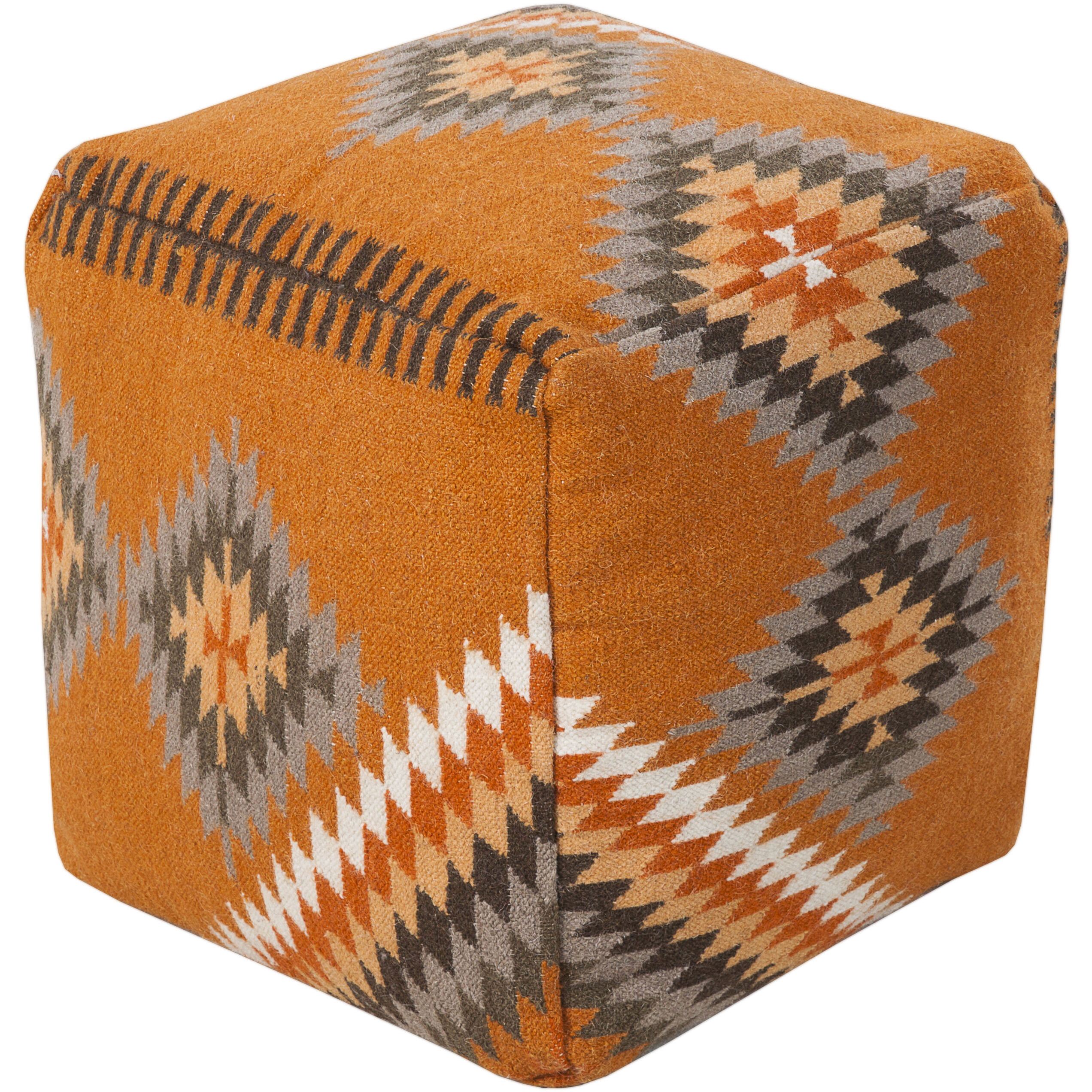 Kilim 18 inch Orange Pouf, Cube