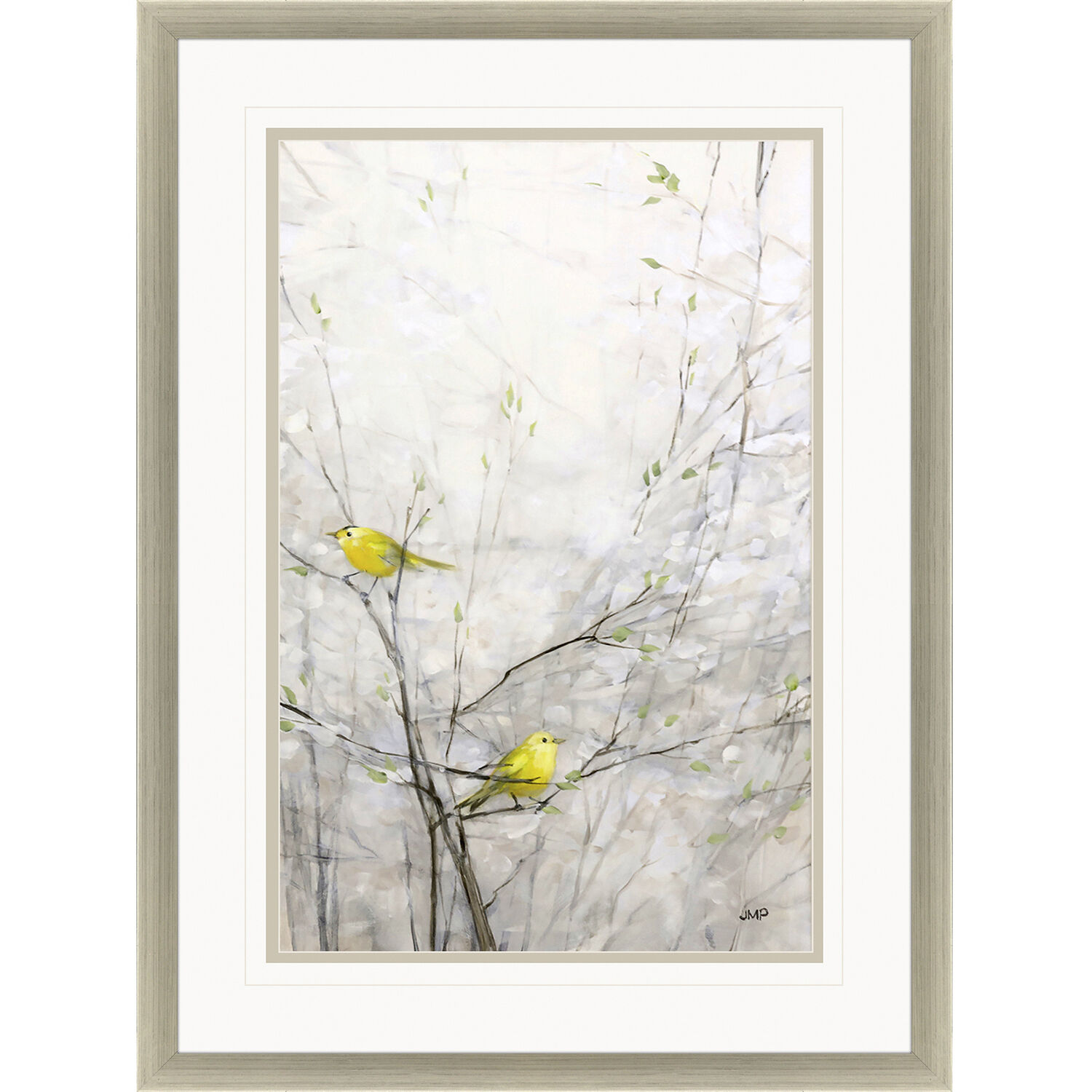 Yellow Birds in Trees Gray and Beige and Green and Yellow Framed Art