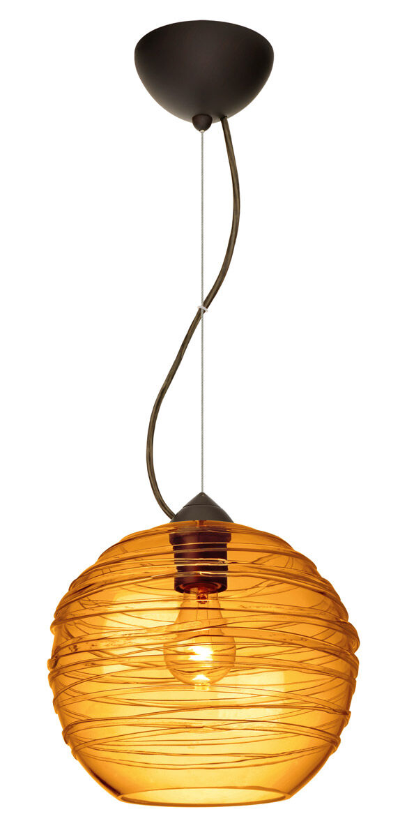 Wave 10 1 Light Bronze Pendant Ceiling Light in Amber Glass