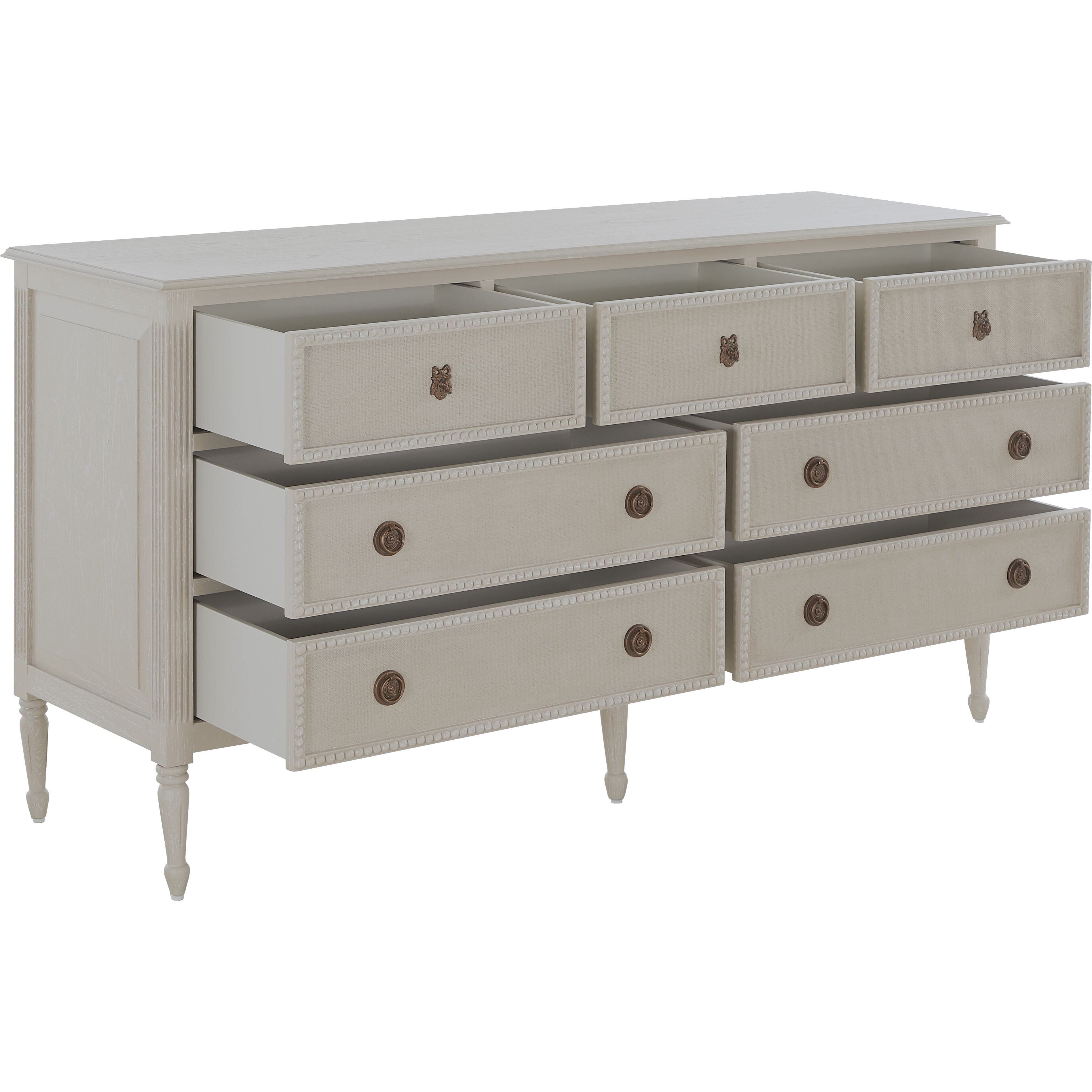 Caroline Cerused White and Painted Burlap Dresser