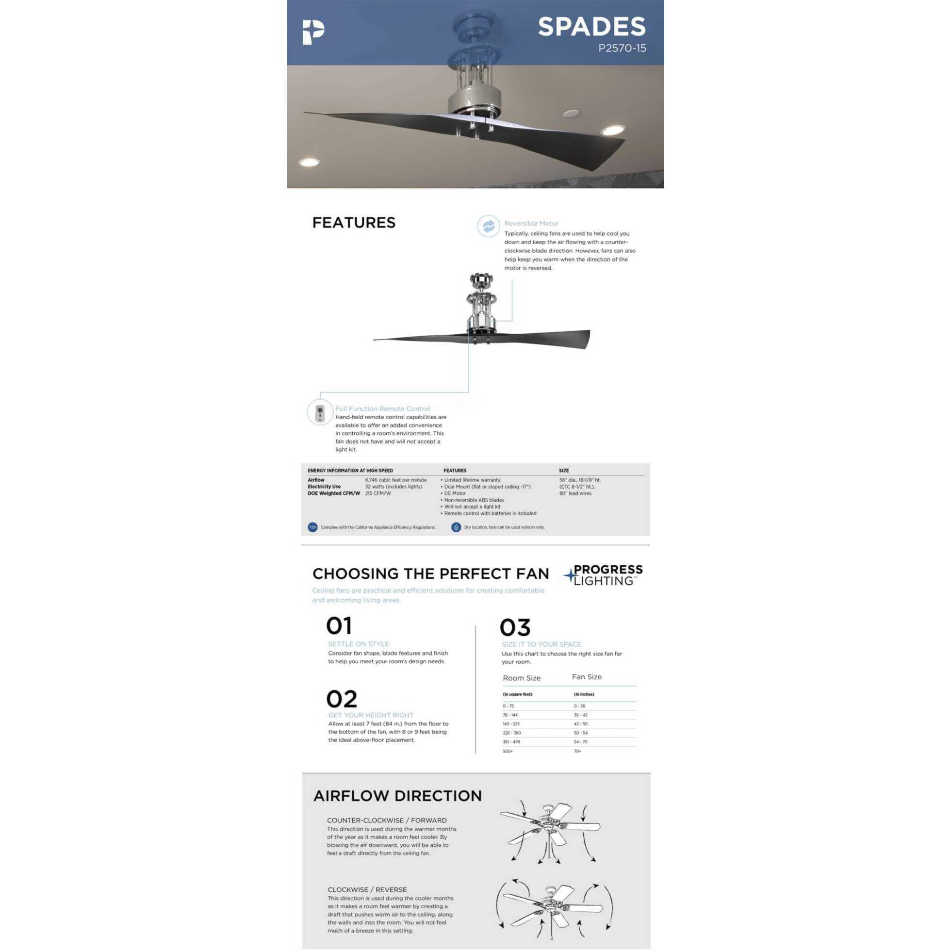 Spafford 56 inch Polished Chrome with Black Blades Ceiling Fan