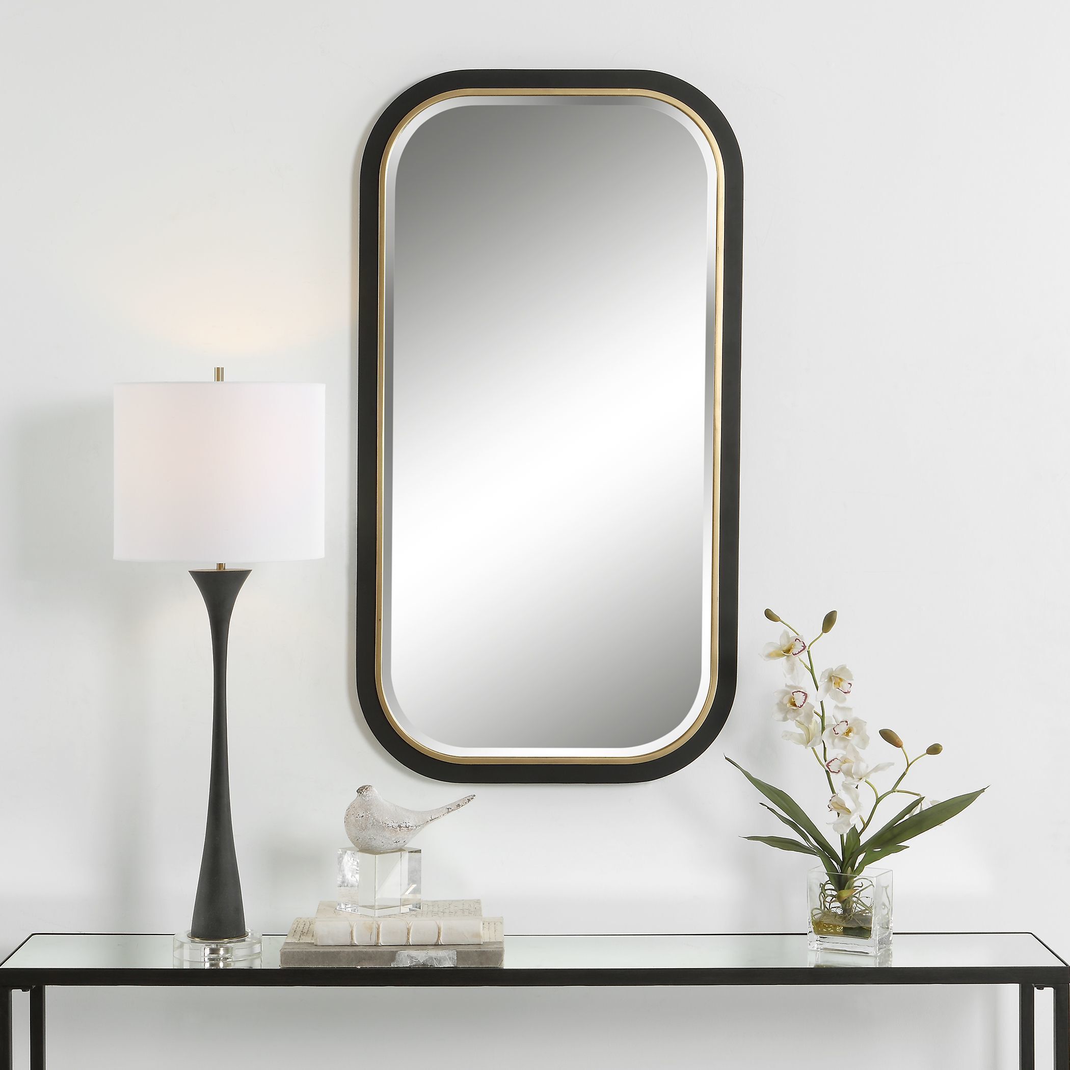 Nevaeh 43 X 23 inch Satin Black and Gold Leaf Mirror