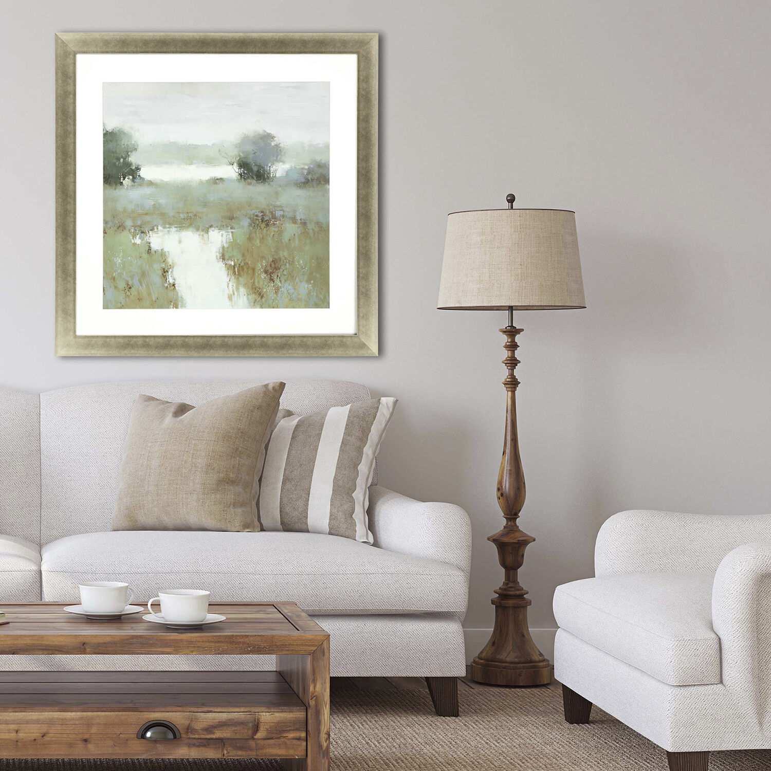 Trees and Creek Green and Gray and Brown and White Framed Art