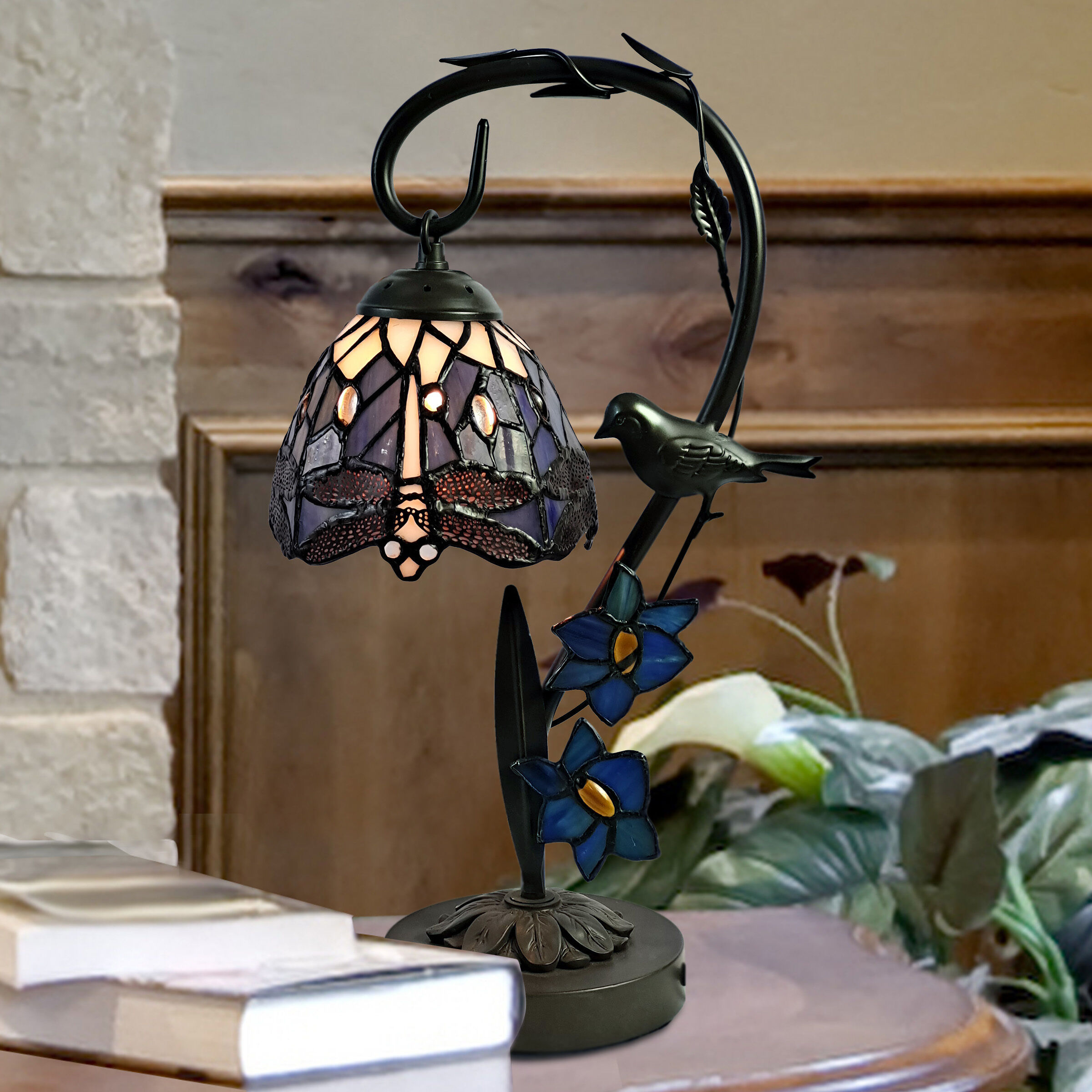 Bird On Vine Dragonfly 18 inch 60.00 watt Tiffany Bronze Table Lamp Portable Light