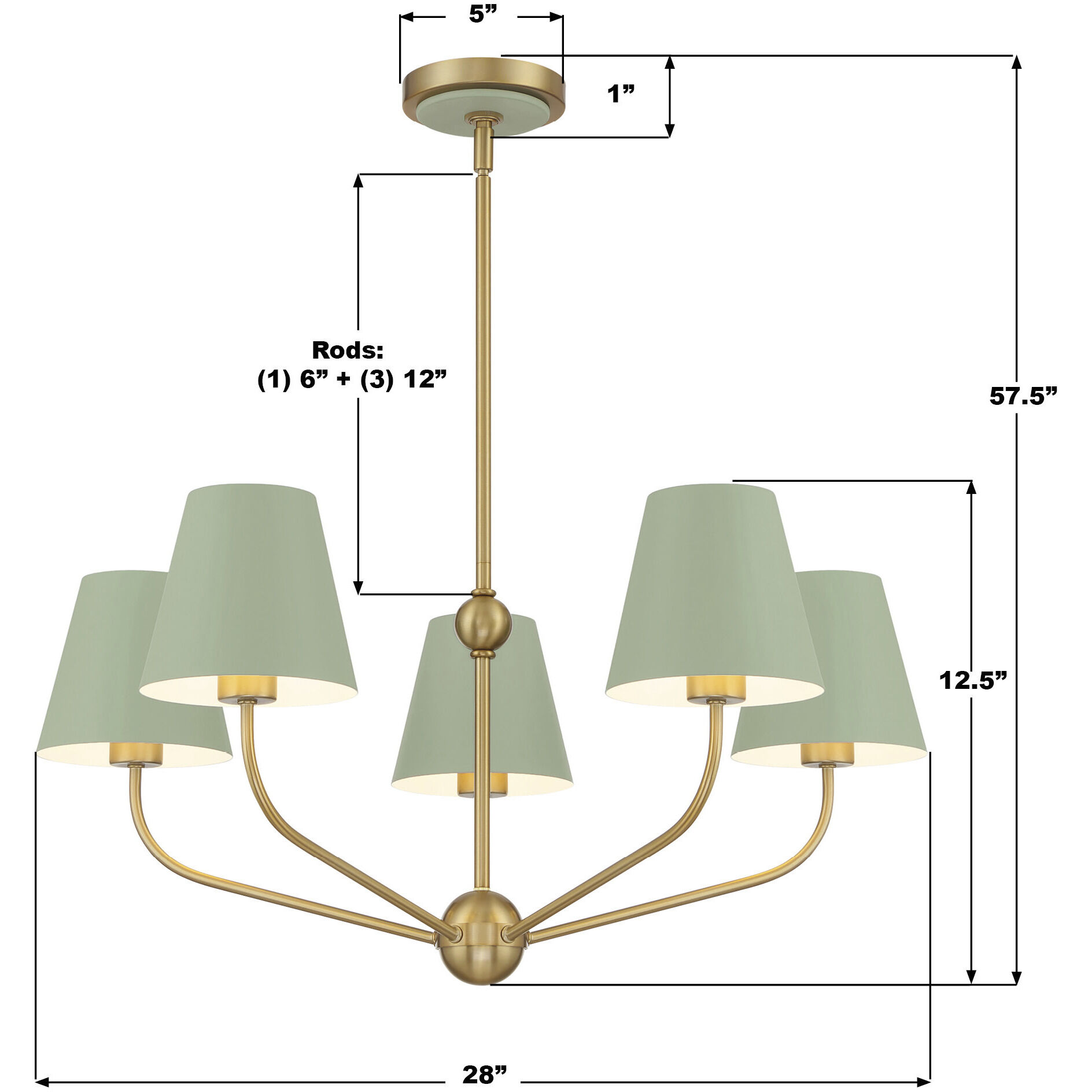 Xavier 5 Light 28 inch Vibrant Gold Chandelier Ceiling Light in Vibrant Gold and Green