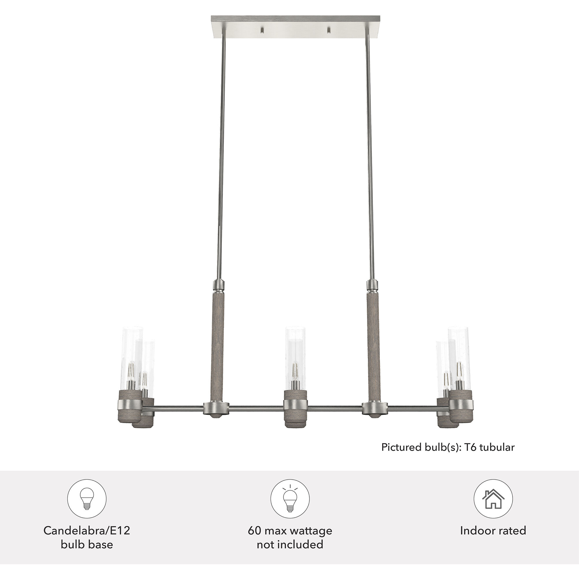 River Mill 6 Light 36.5 inch Brushed Nickel and Gray Wood Linear Chandelier Ceiling Light