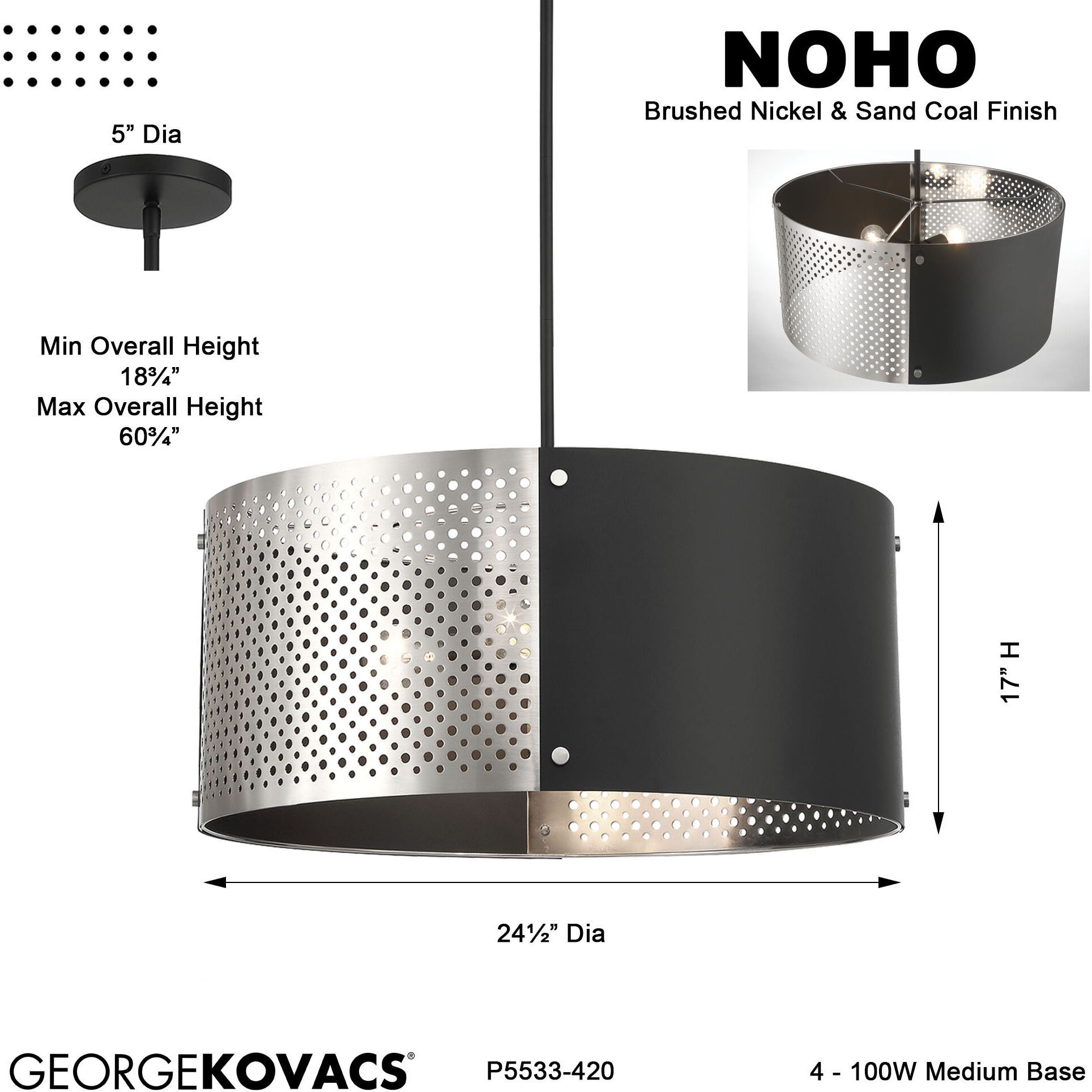 Noho 4 Light 24.5 inch Brushed Nickel W/ Sand Coal Pendant Ceiling Light