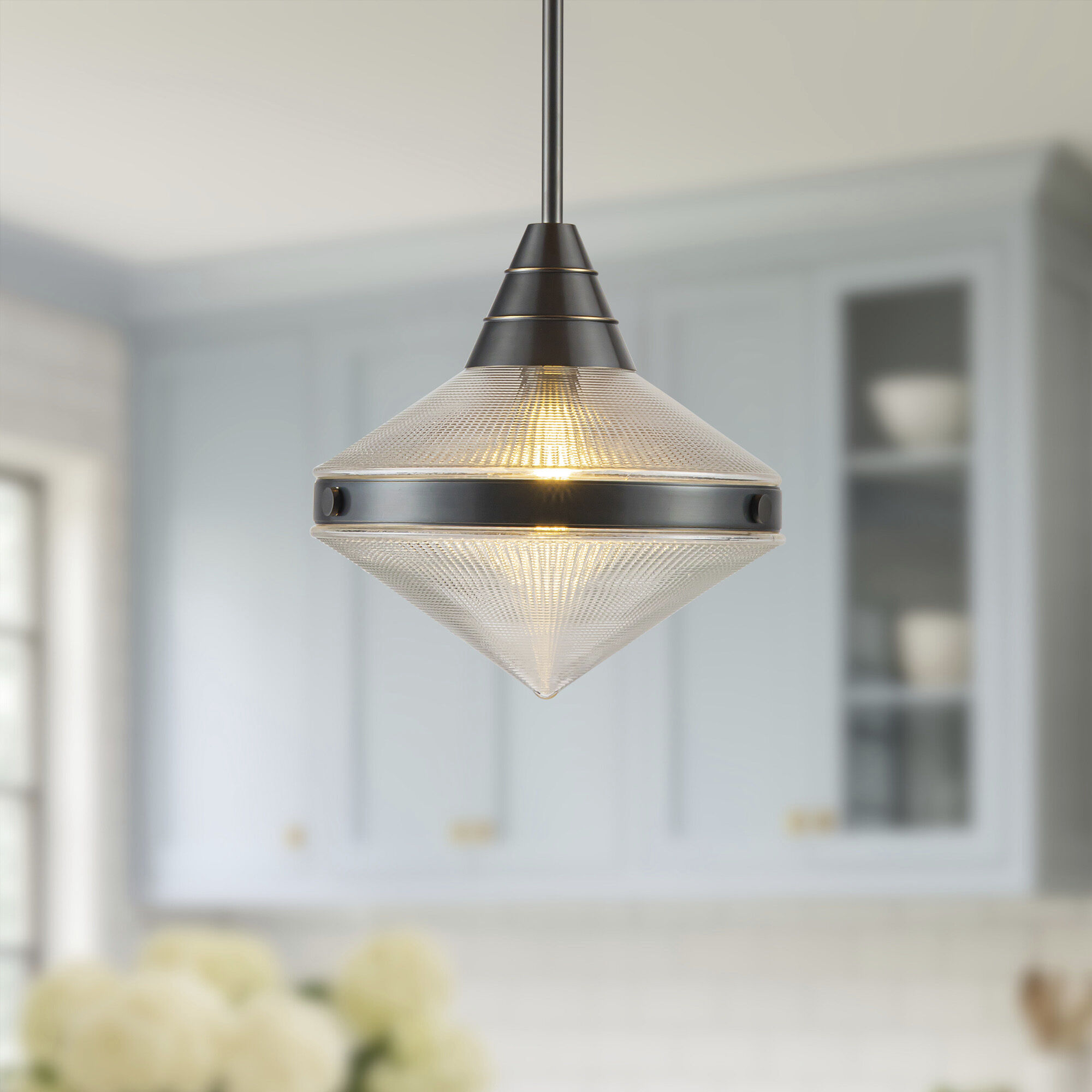 Willard Pendant Ceiling Light in Urban Bronze, Clear Prismatic Glass