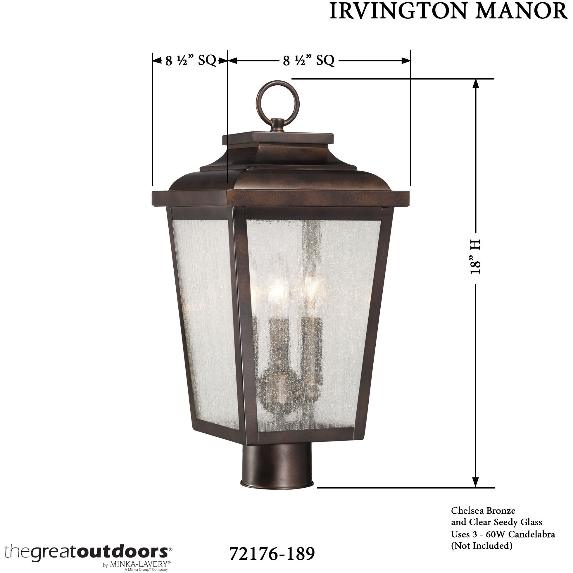 Irvington Manor 3 Light 18 inch Chelesa Bronze Outdoor Post Mount Lantern in Incandescent, Clear Seeded Glass, The Great Outdoors