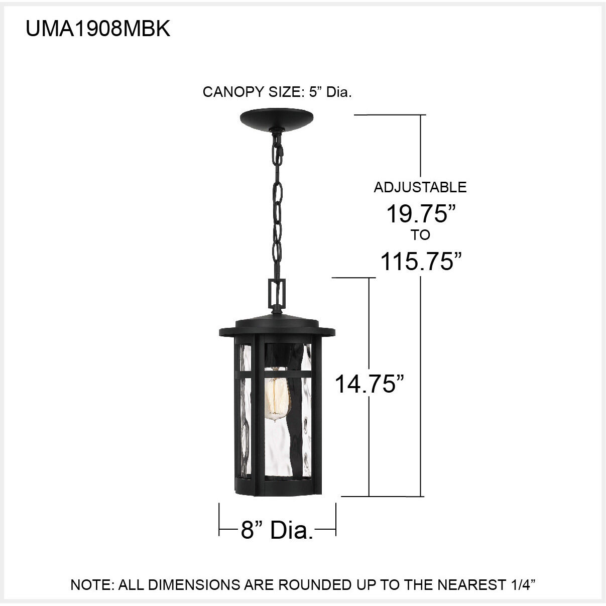 Uma 1 Light 8 inch Matte Black Outdoor Hanging Lantern, Large