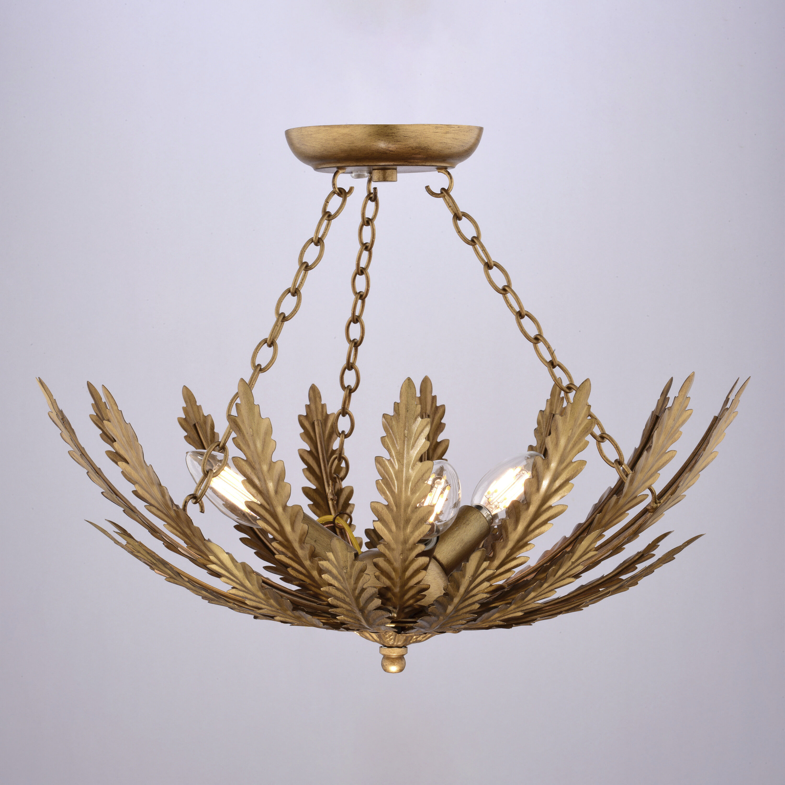 Ozette 3 Light 18 inch Painted Gold Semi Flush Mount Ceiling Light, Leaf Motif