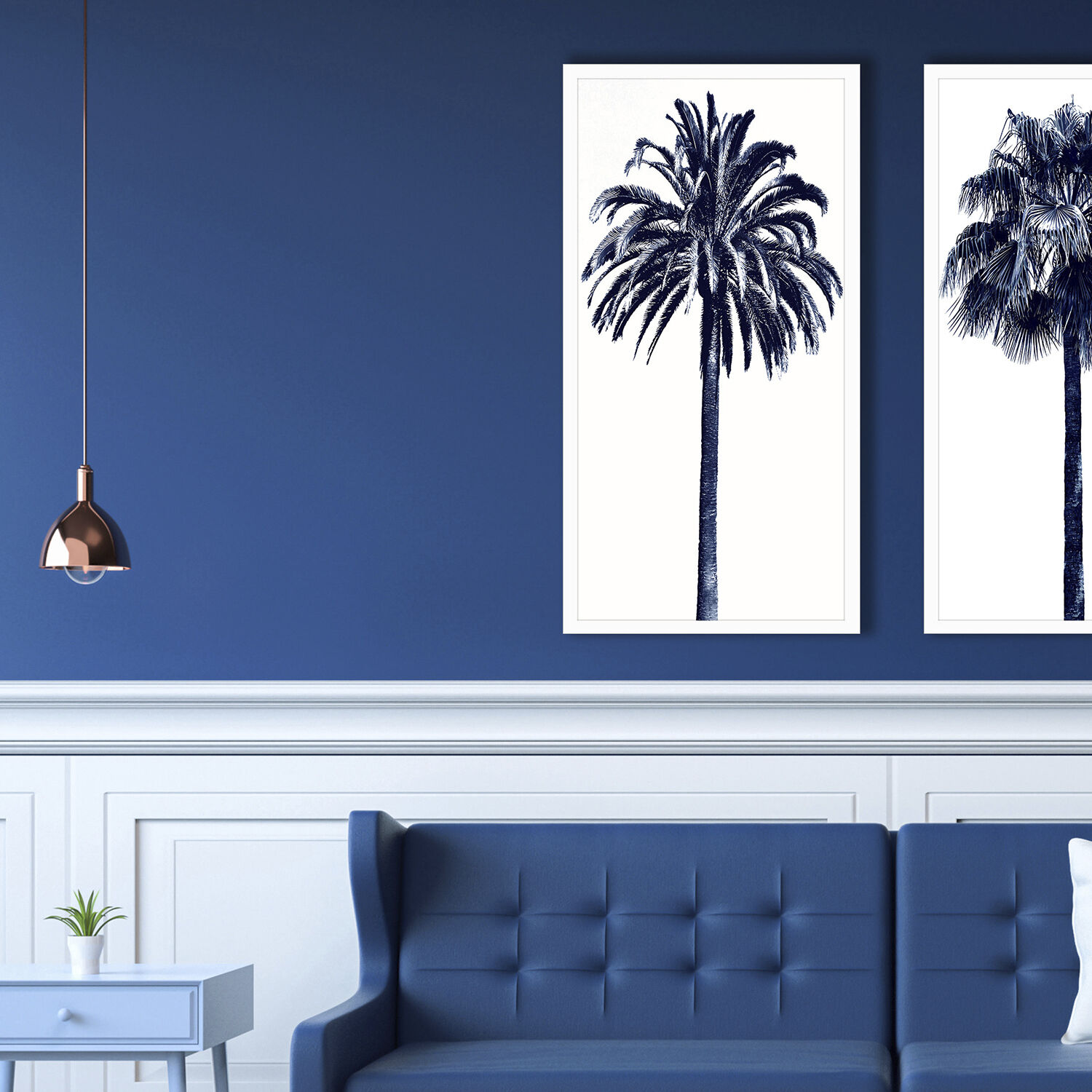 Palm Tree Blue Blue and White Framed Art