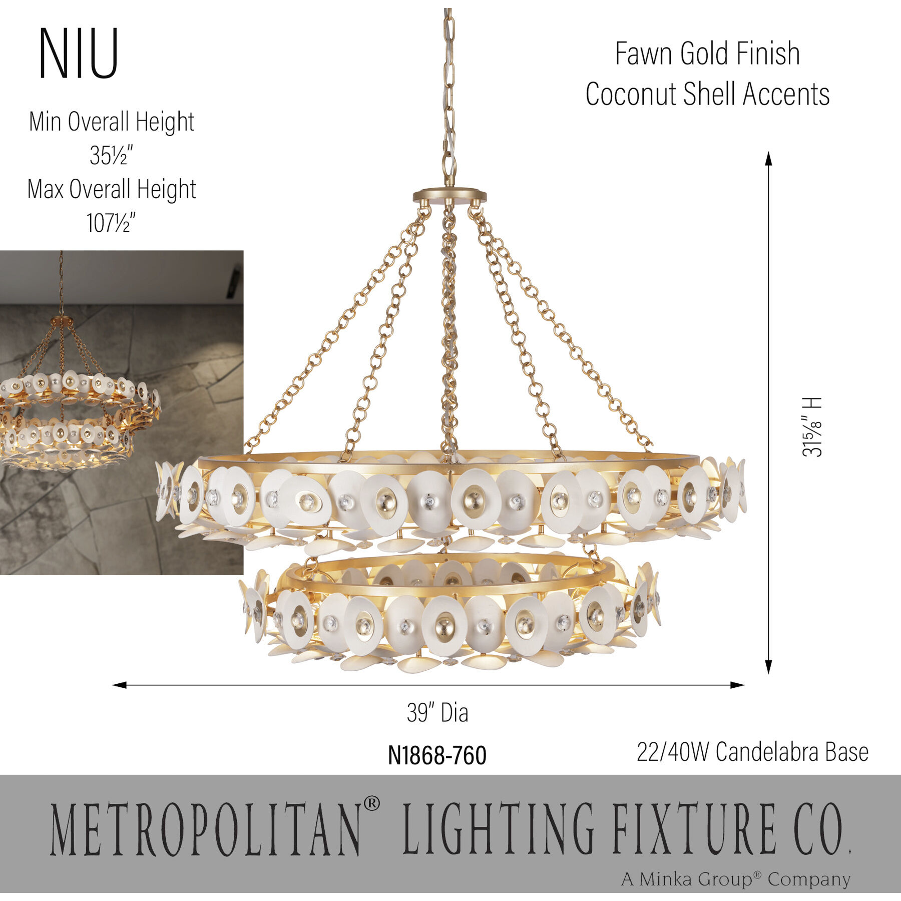 Niu 22 Light 39 inch Coconut Shell Gold / Coconut Shell White Chandelier Ceiling Light