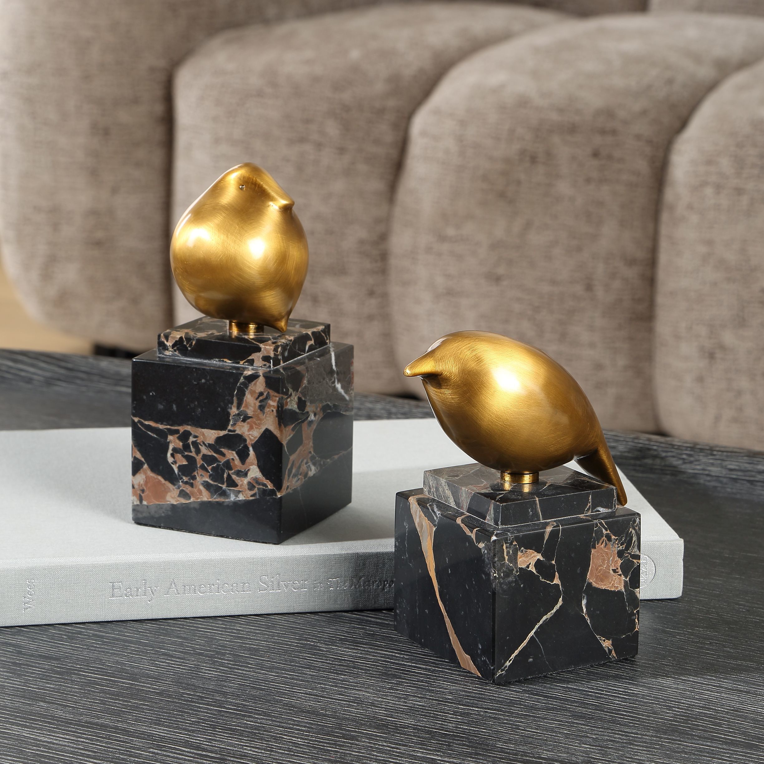 Golden Finch Brass and Black Marble Bird Figurines, Set of 2
