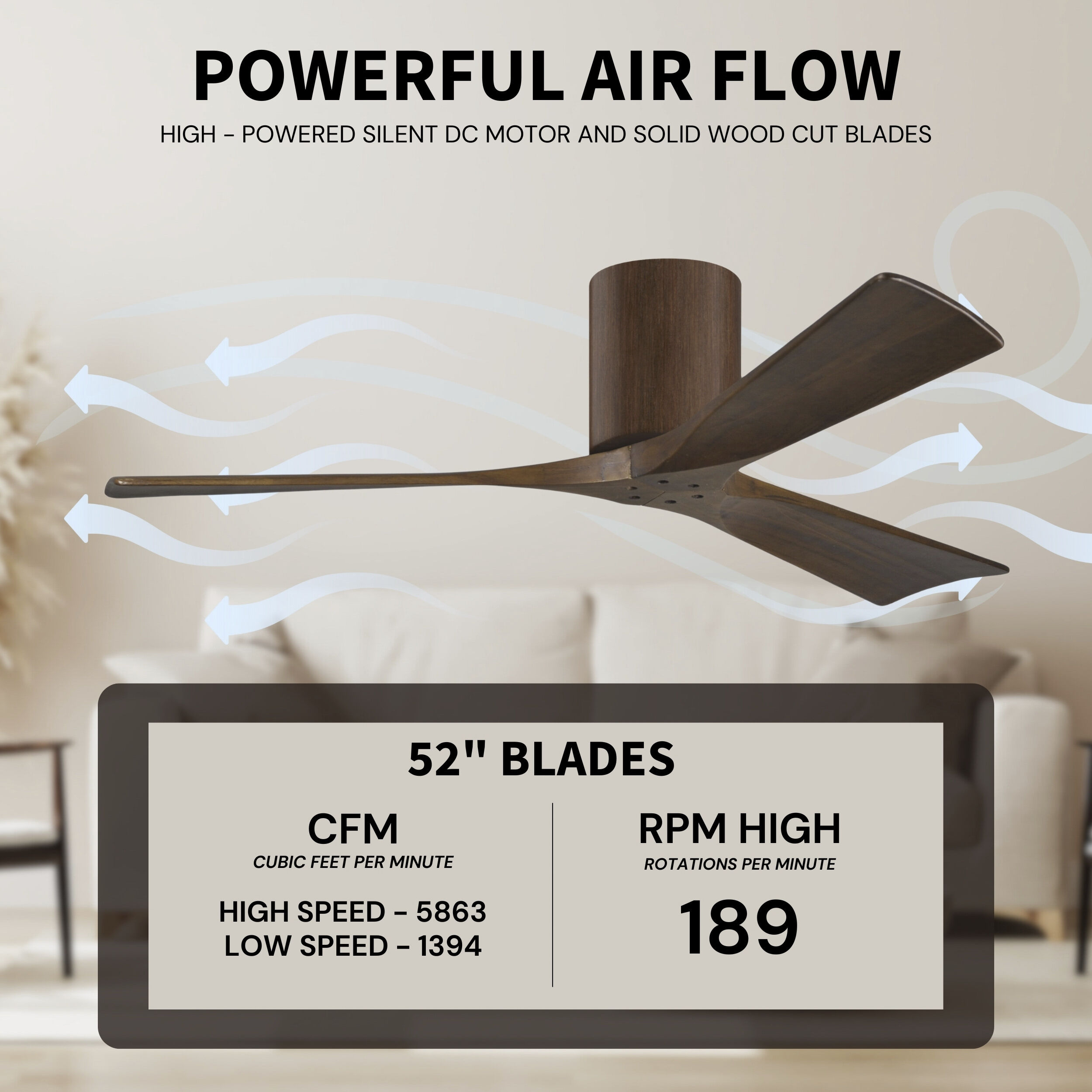 Atlas Irene-3H 52 inch Walnut Tone Flush Mount Paddle Fan, Flush Mounted