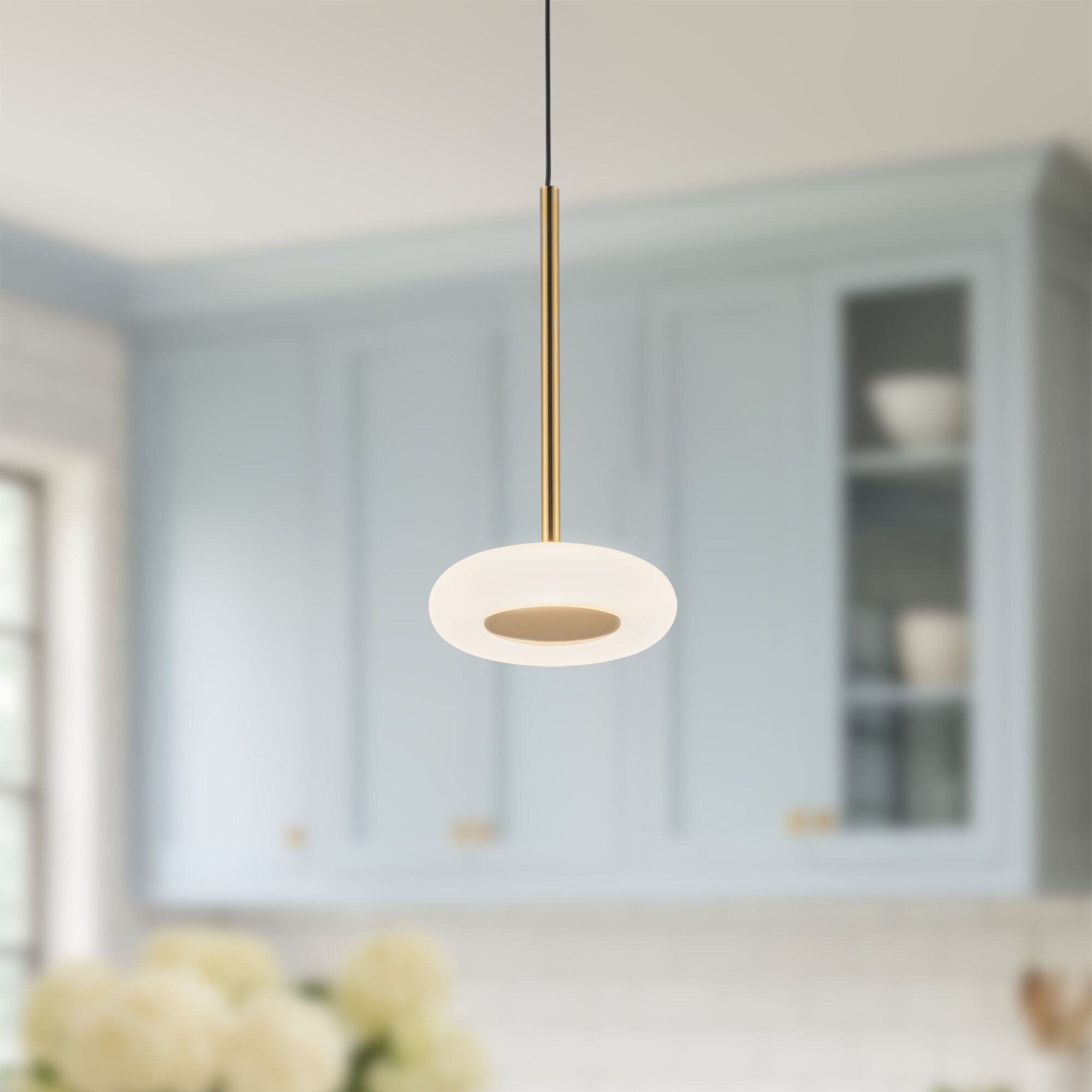 Stephord Pendant Ceiling Light in Frosted Glass Shade, Metallic Brass