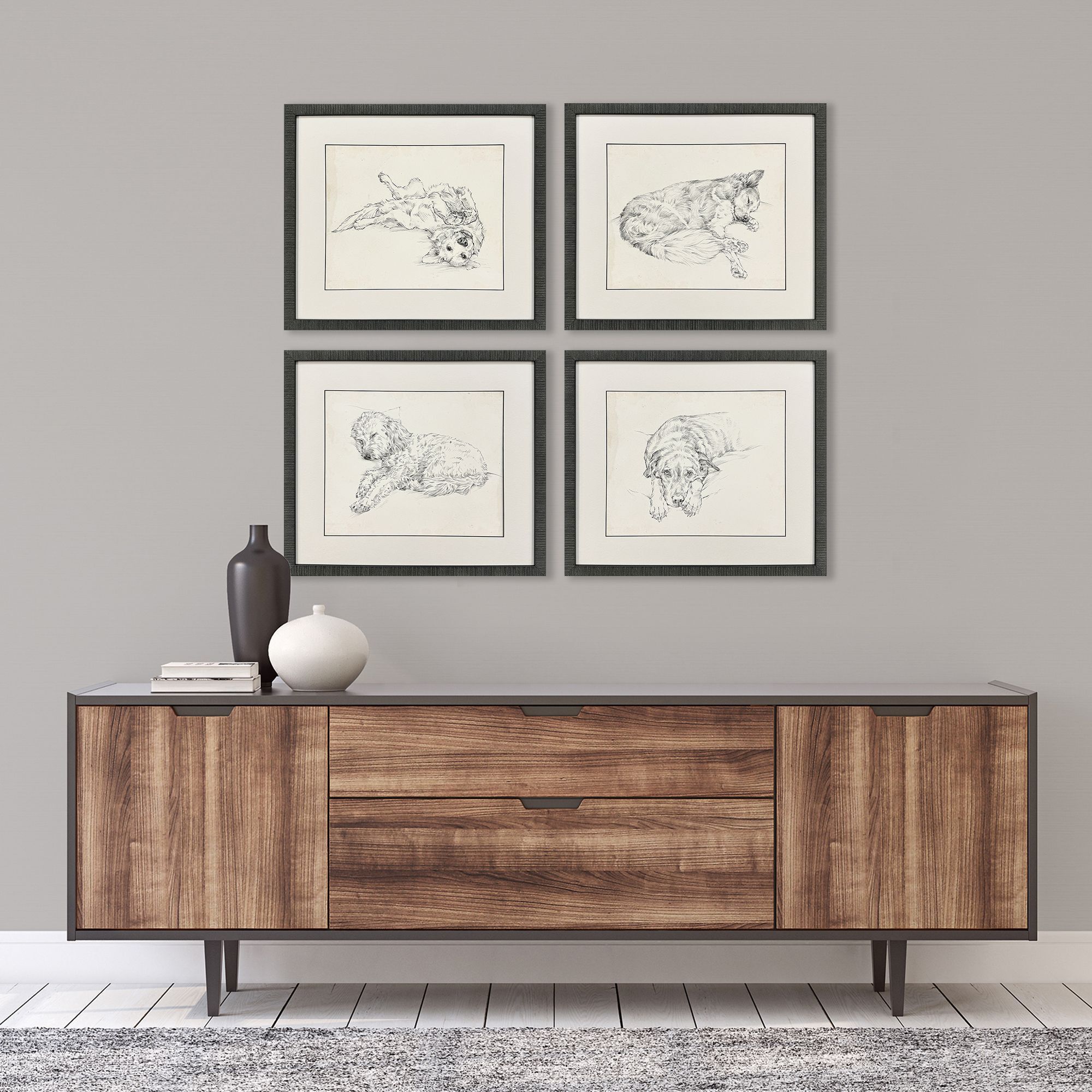 Antique Dog Sketch Beige and Neutral Framed Art