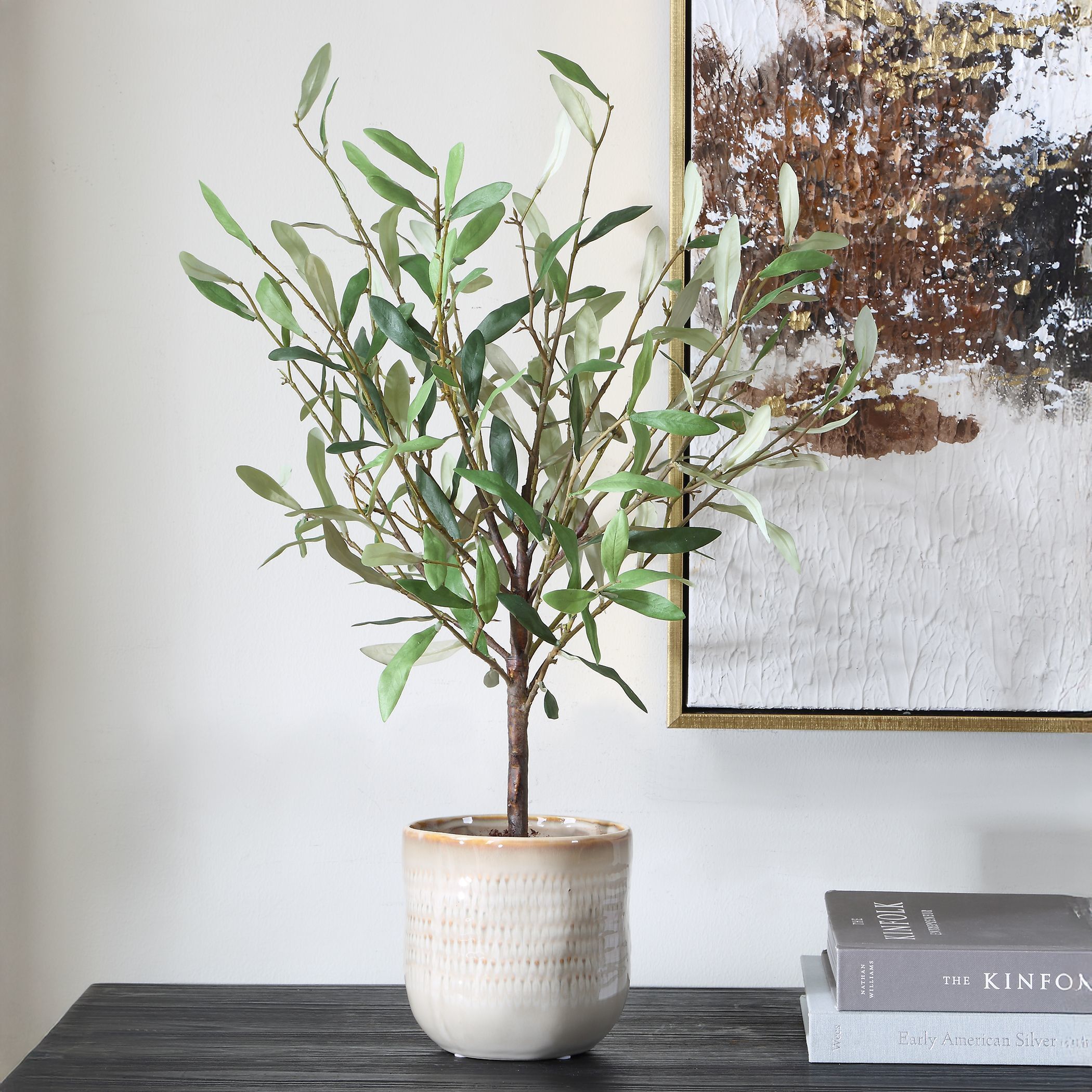 Solea Olive Neutral Tan and Green Accent & Vase