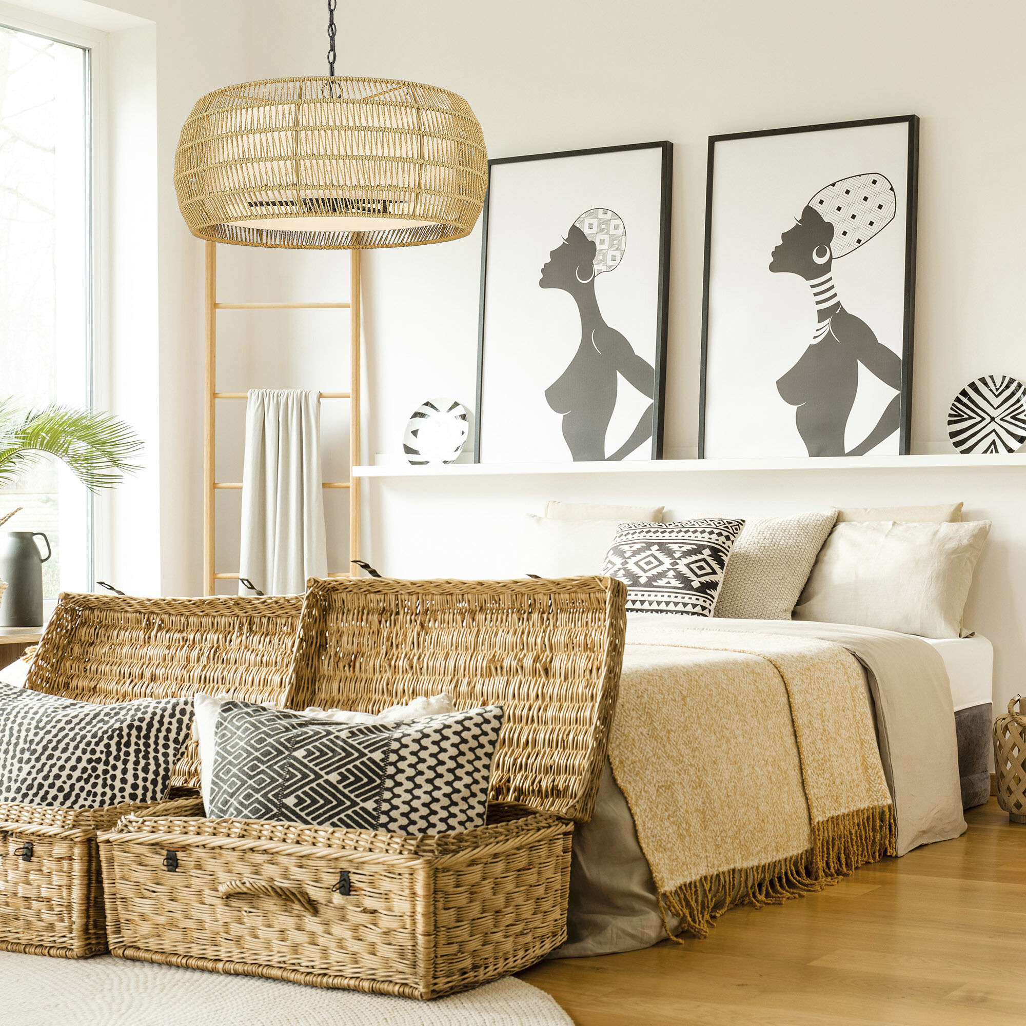 Everly 27.13 inch 60.00 watt Matte Black Chandelier Ceiling Light in Natural Rattan