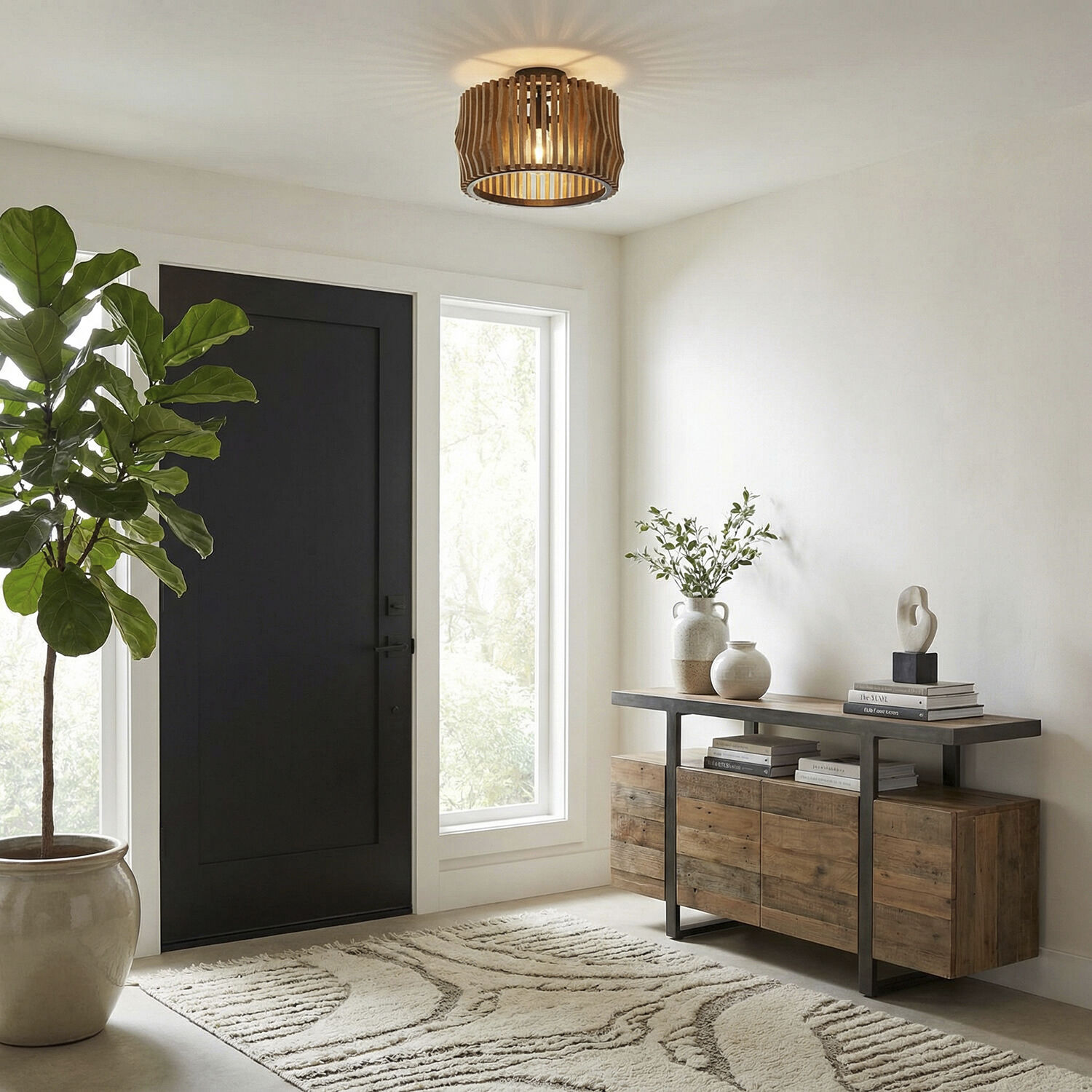 Archer 1 Light 16 inch Light Wood and Matte Black Semi-Flush Mount Ceiling Light, Convertible Dual Mount