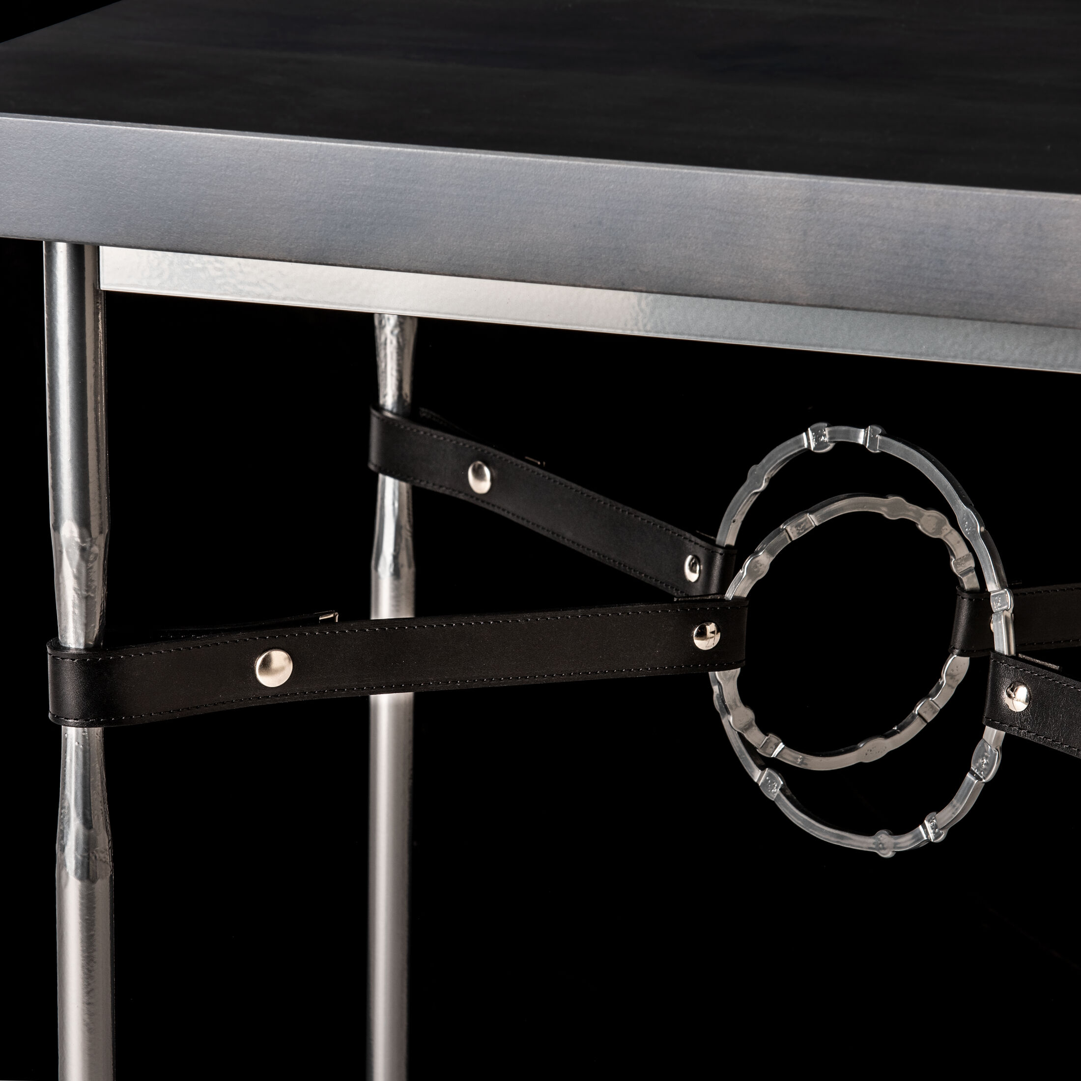 Equus 26.1 X 22 inch Sterling and Sterling Side Table in Black Leather with Maple Grey, Wood Top