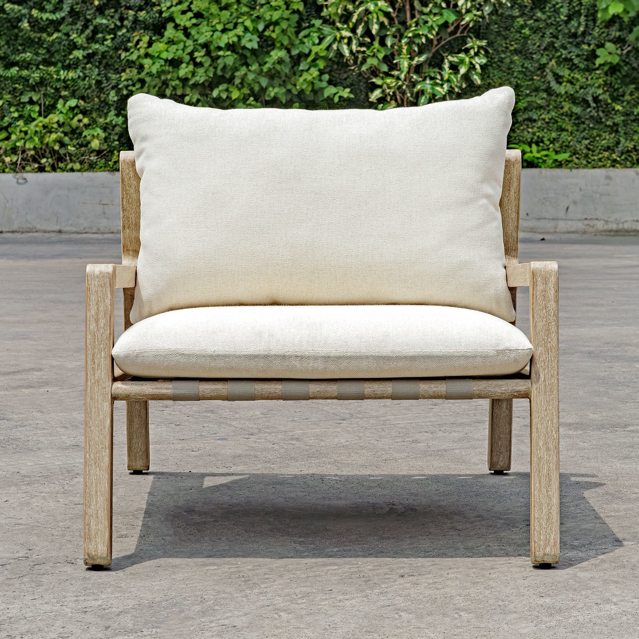 Strapped Ivory Rattan and Cerused Wheat Mahogany Wood Outdoor Lounge Chair