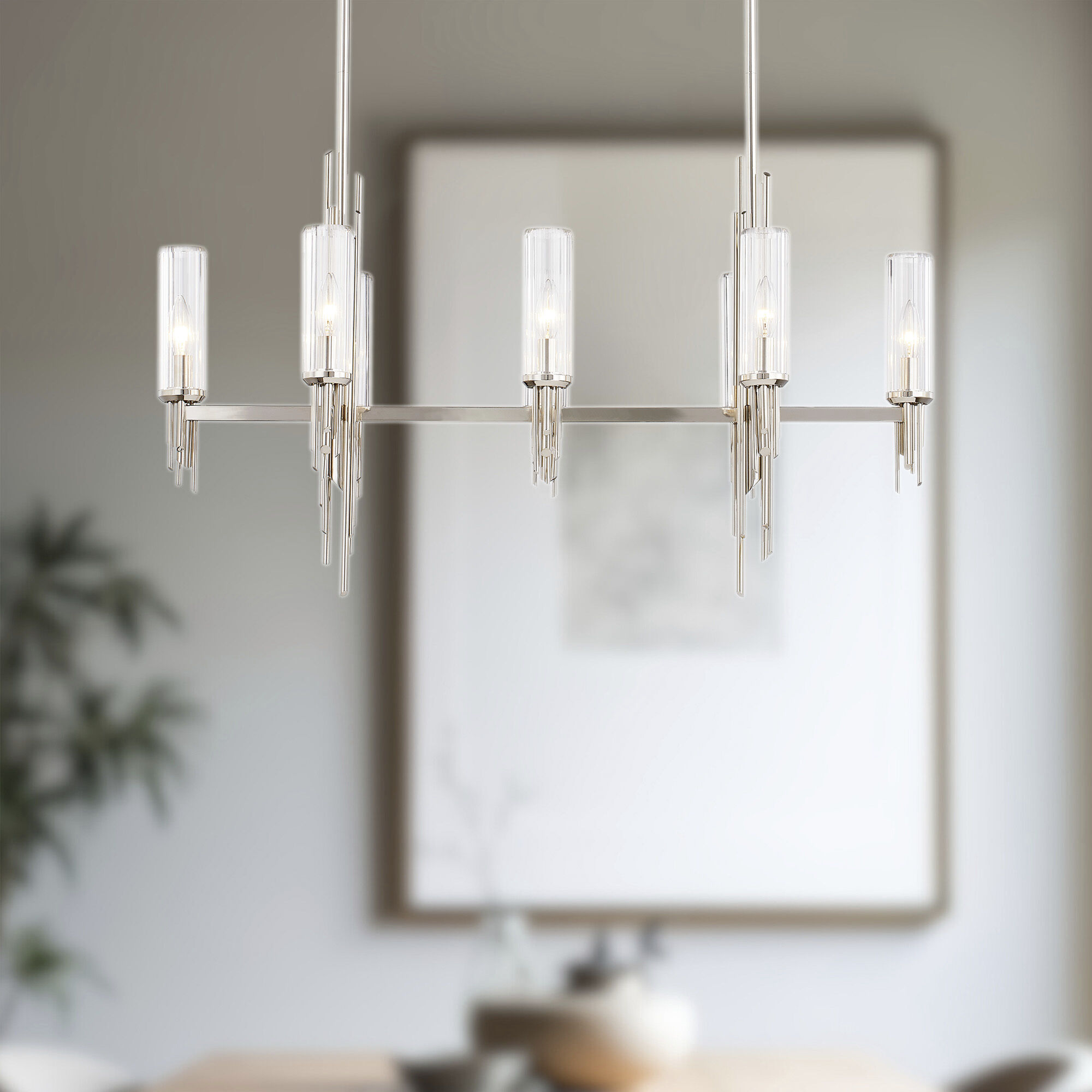 Torres 8 Light 38.25 inch Polished Nickel/Ribbed Glass Linear Pendant Ceiling Light