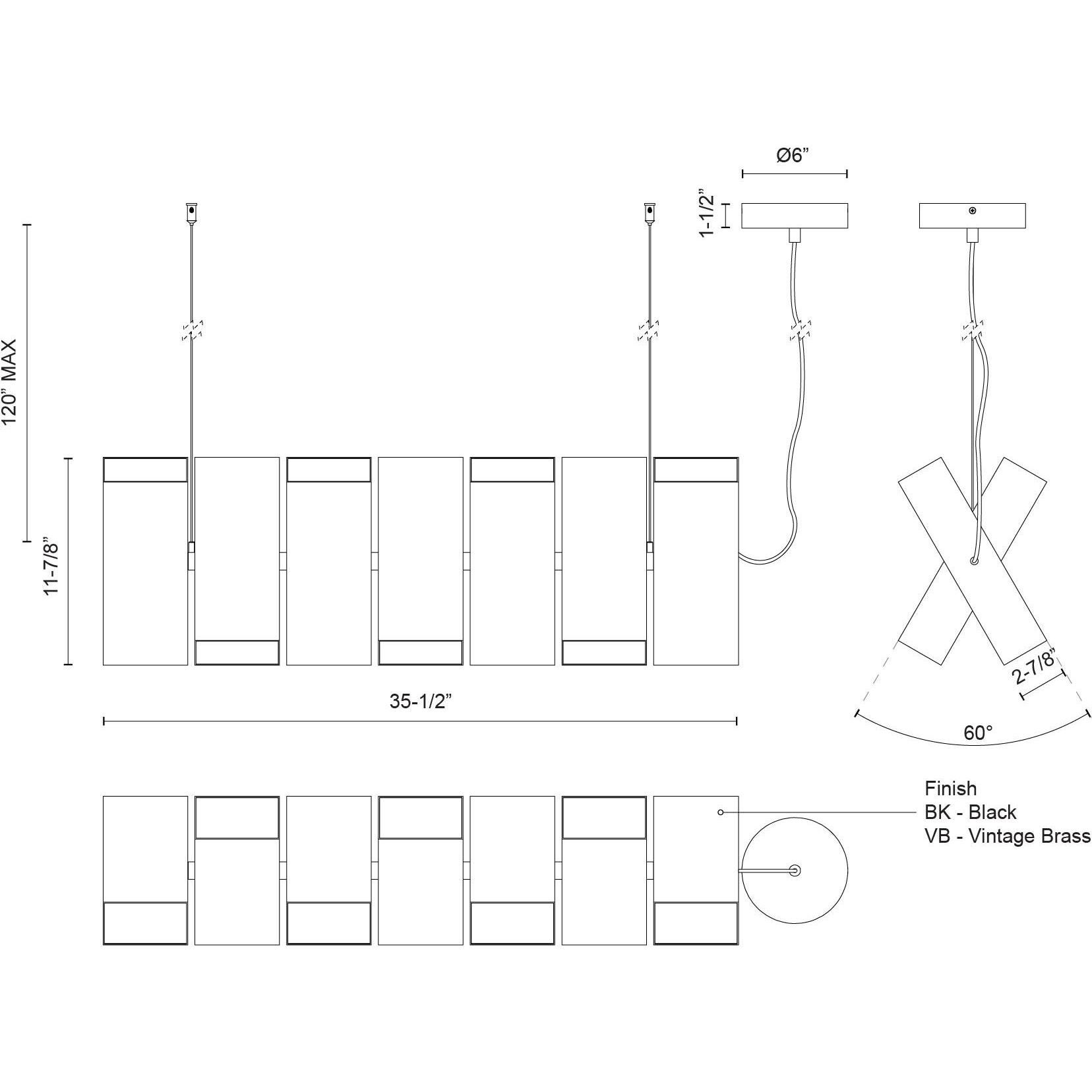 Domino LED 35.5 inch Vintage Brass Linear Pendant Ceiling Light