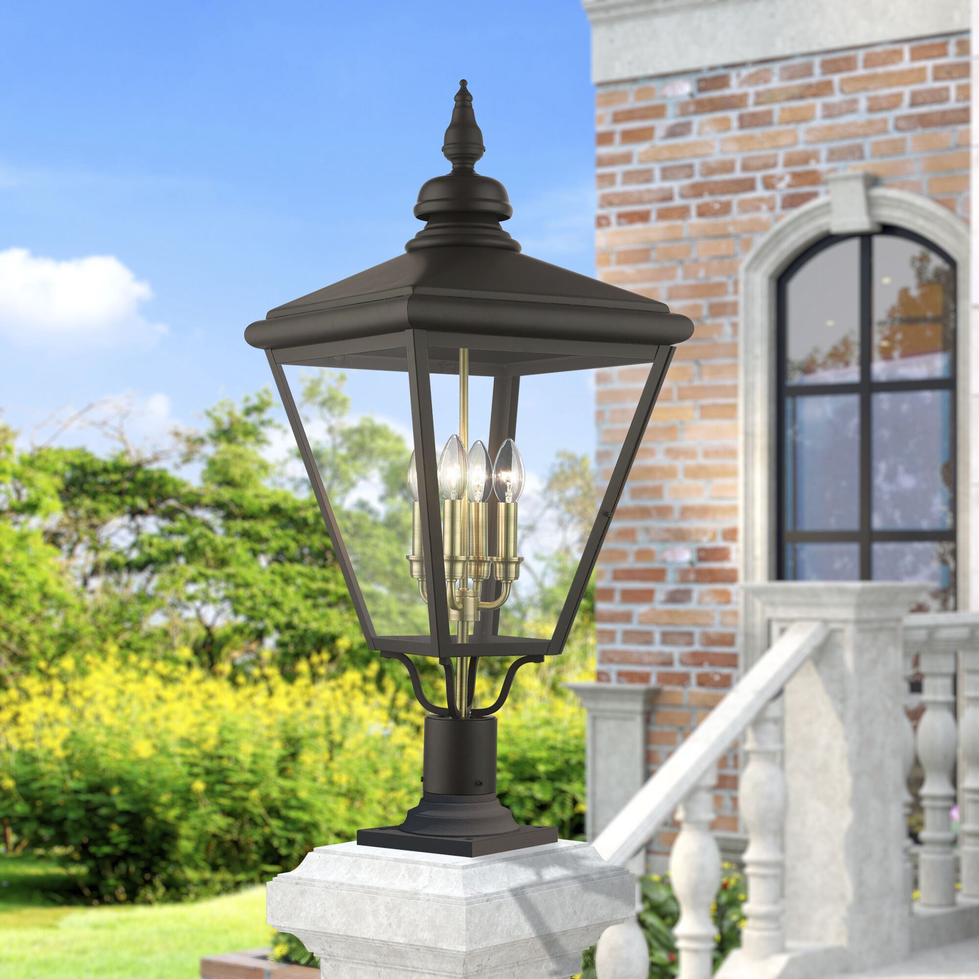 Adams 4 Light 31.5 inch Bronze with Antique Brass Finish Cluster Outdoor Extra Large Post Top Lantern