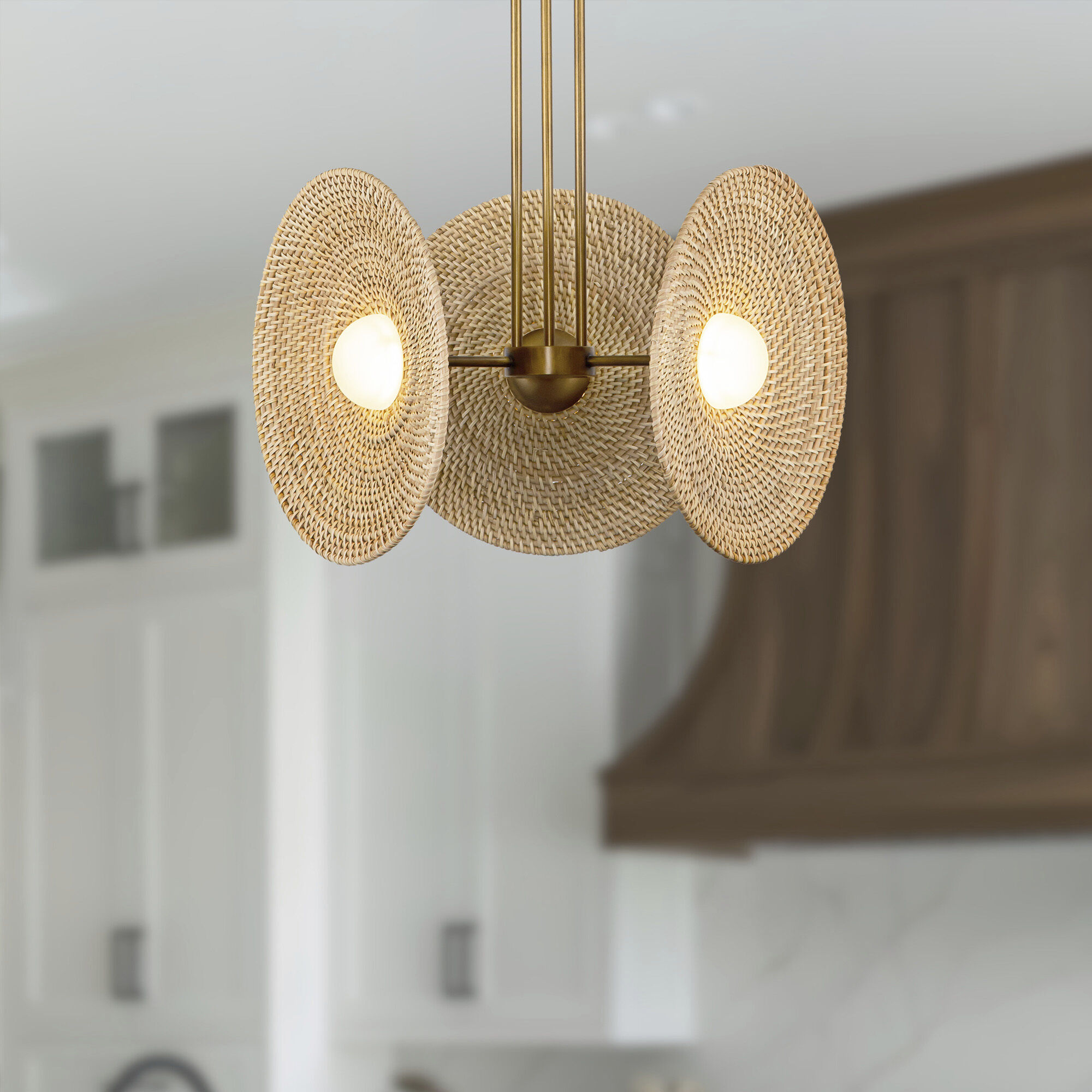 Harbour Pendant Ceiling Light in Vintage Brass, Natural Rattan Shade