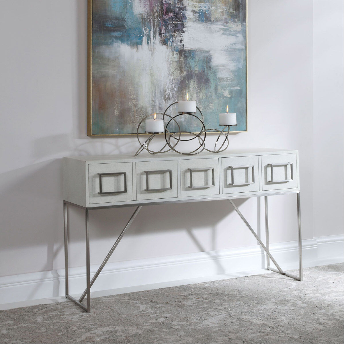 Abaya 54 inch Soft White and Light Gray with Brushed Nickel Console Table