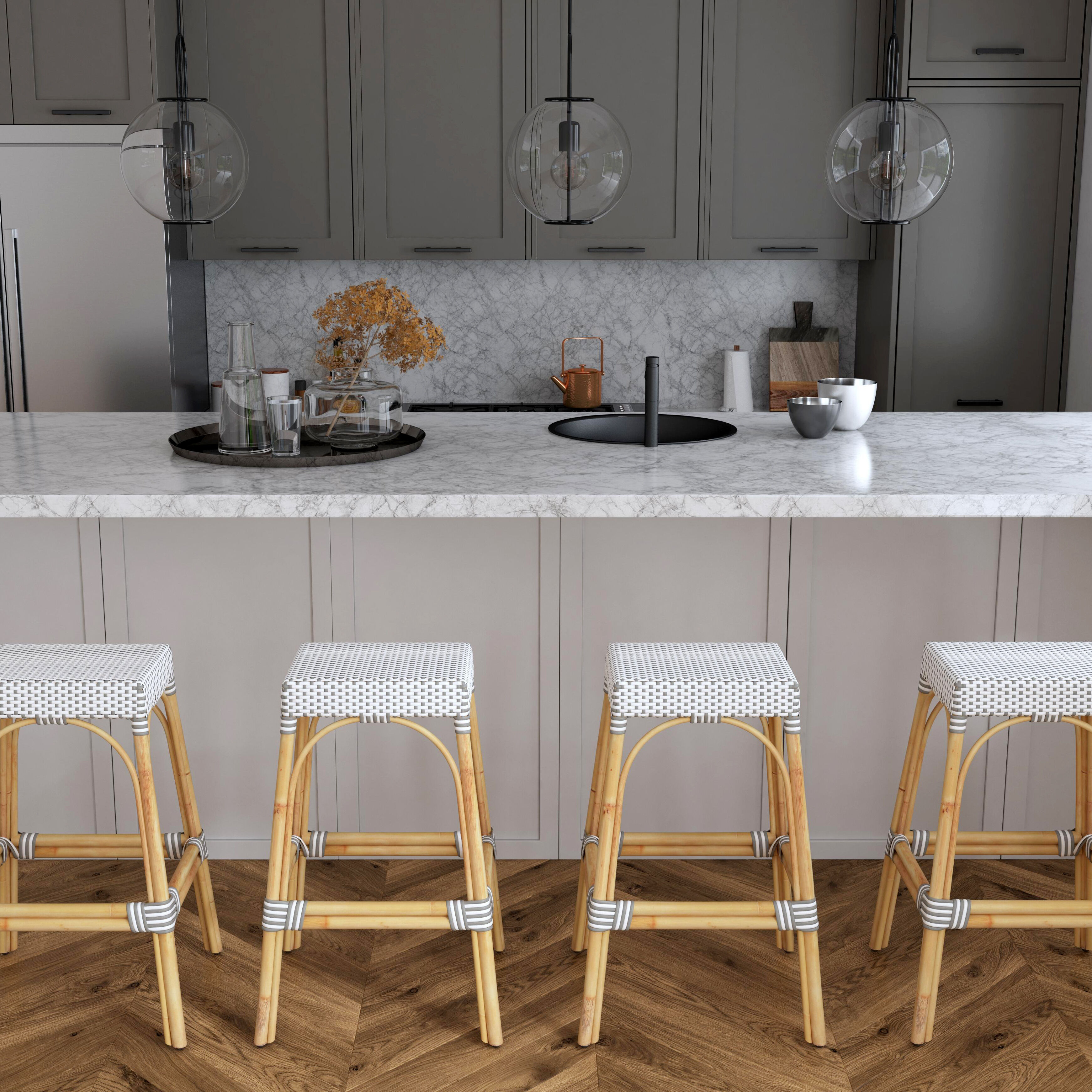 Robias Rectangular Rattan 30" Bar Stool in Gray and White Dot