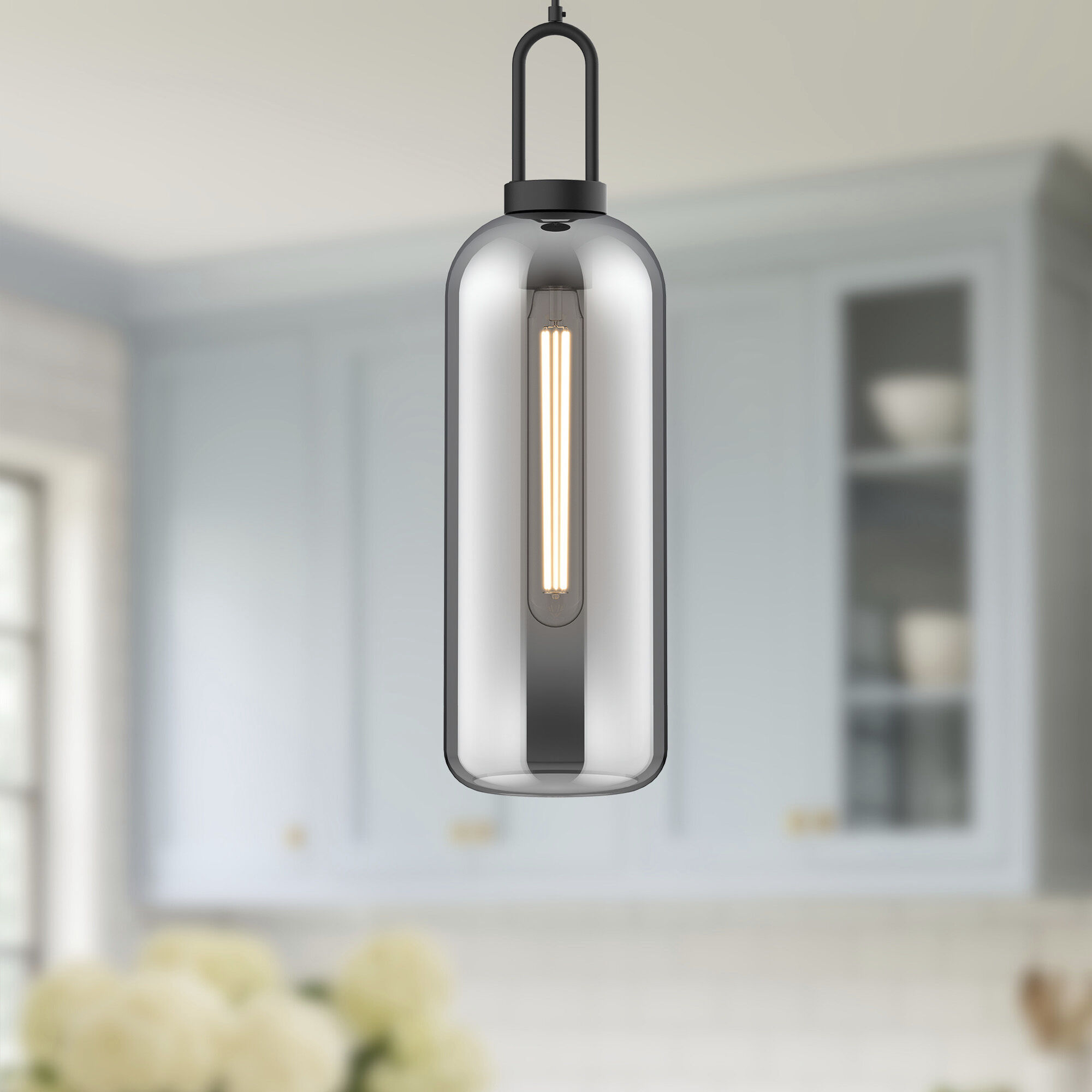 Alora Mood Soji Pendant Ceiling Light in Matte Black, Smoked Glass